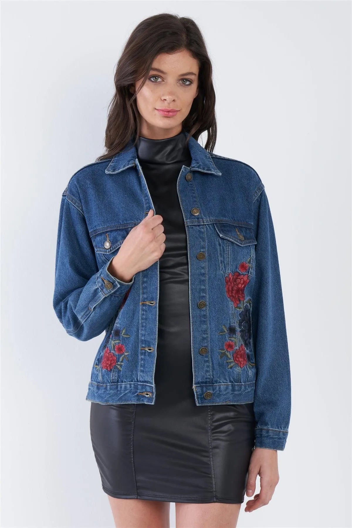 Denim Blue Rose Embroidered Vintage Jean Jacket /3-3 - Tasha Apparel Wholesale