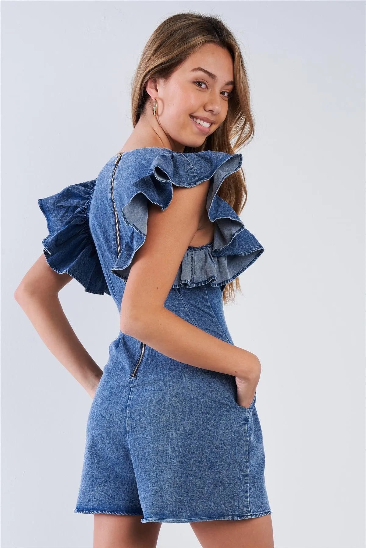 Blue-Denim Dramatic Ruffle Romper /2-2-2 - Tasha Apparel Wholesale