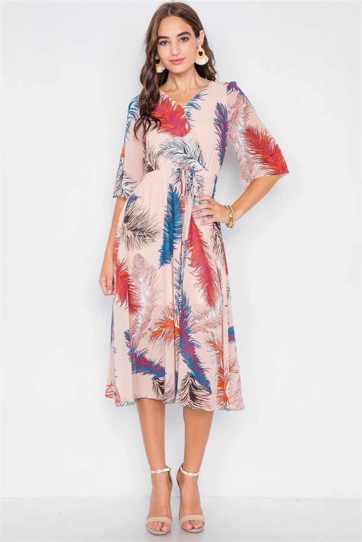 Multi Floral Print V-Neck Sheer Midi Dress /1-2-2 - Tasha Apparel Wholesale