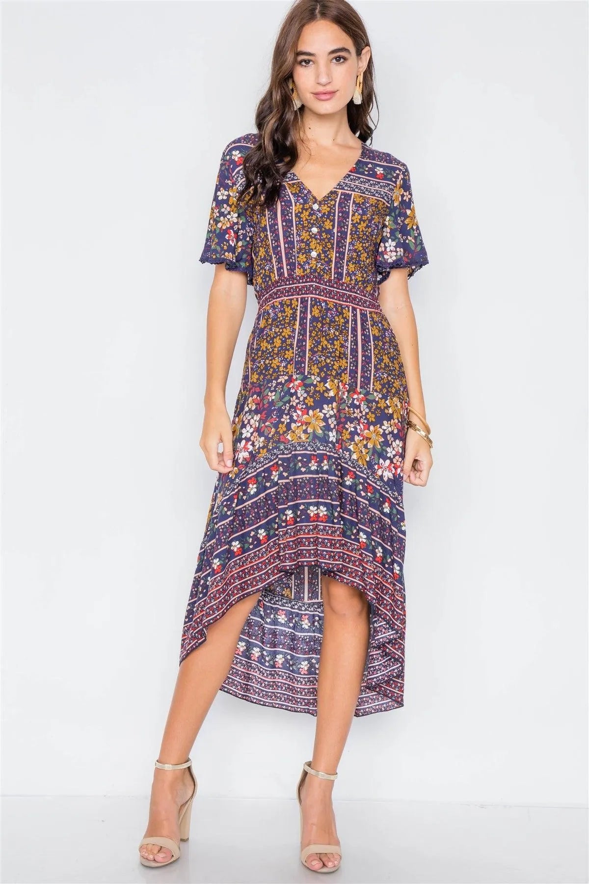 Navy Floral High-Low V-Neck Midi Dress /1-2-2 - Tasha Apparel Wholesale