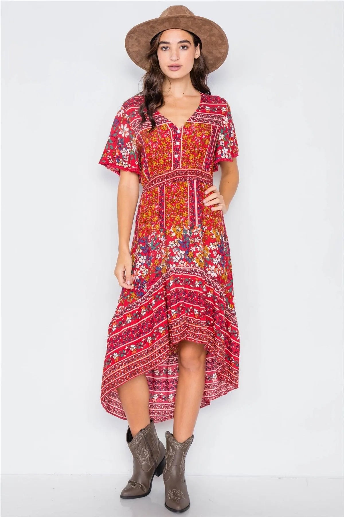 Red Floral High-Low V-Neck Midi Dress /2-2 - Tasha Apparel Wholesale