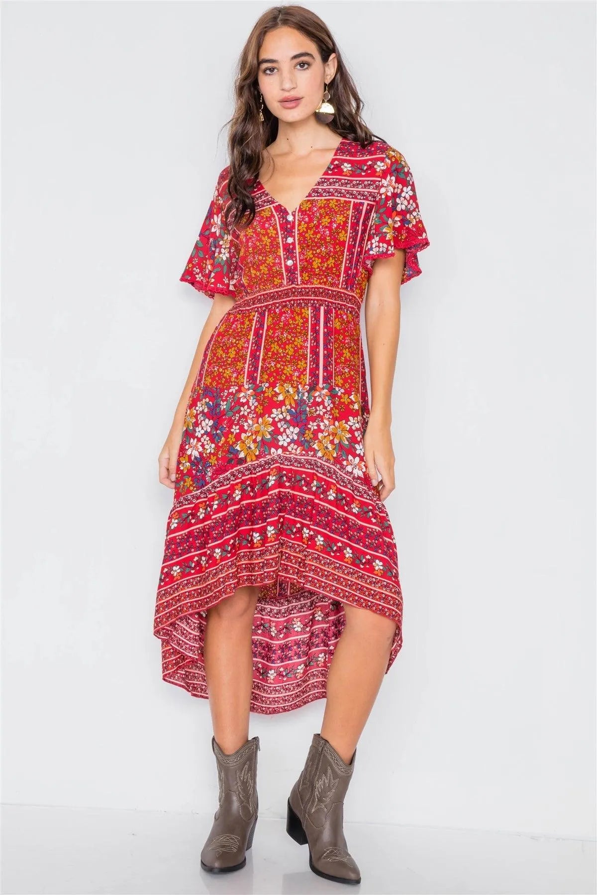 Red Floral High-Low V-Neck Midi Dress /2-2-2 - Tasha Apparel Wholesale