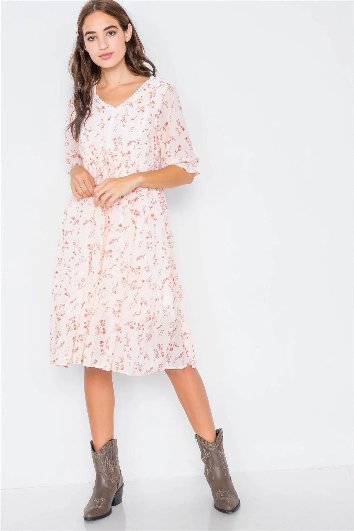 Light Pink Floral Sheer Midi Dress /2-2-2 - Tasha Apparel Wholesale