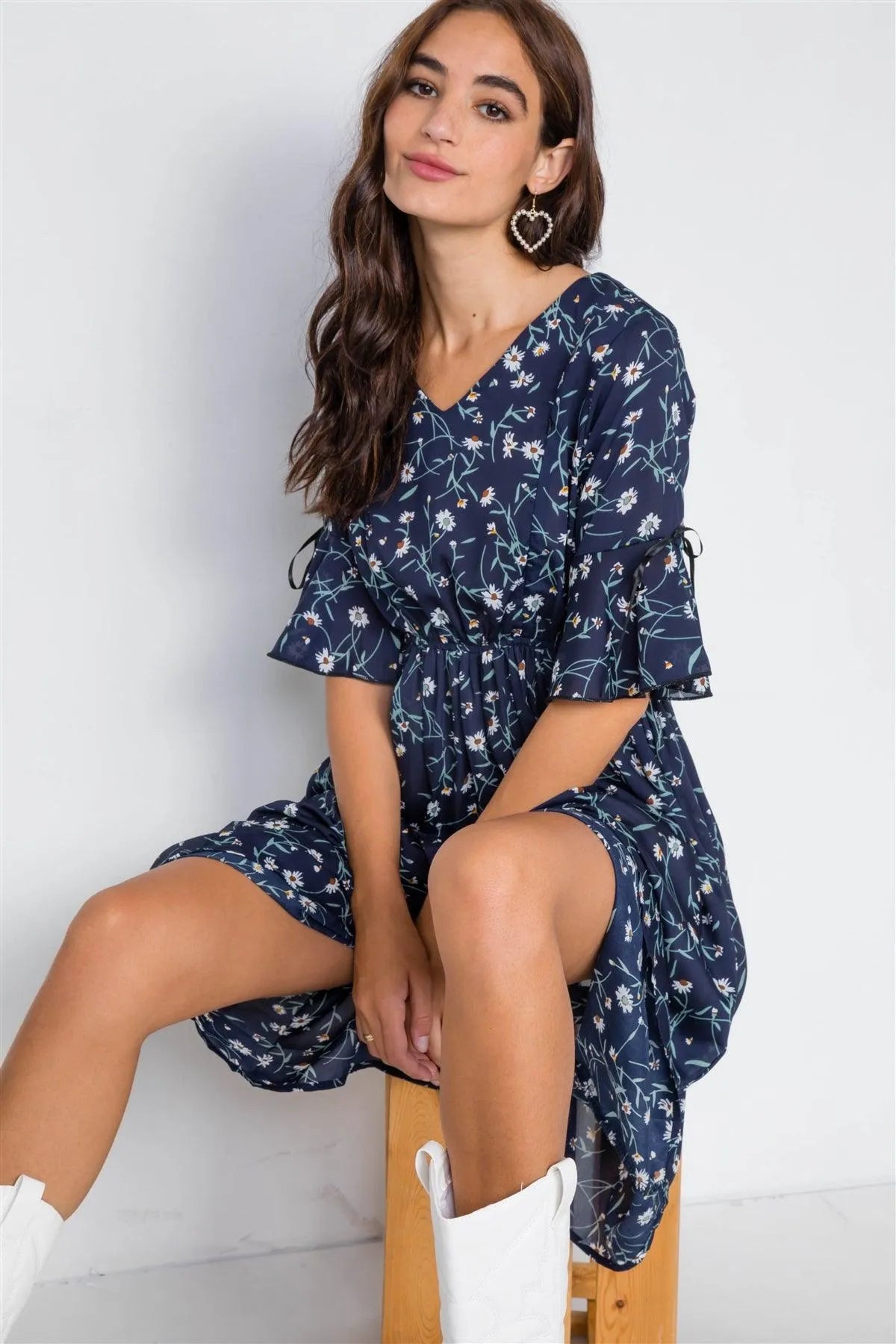 Navy Floral Flounce Stretchy Midi Dress /2-2-2 - Tasha Apparel Wholesale
