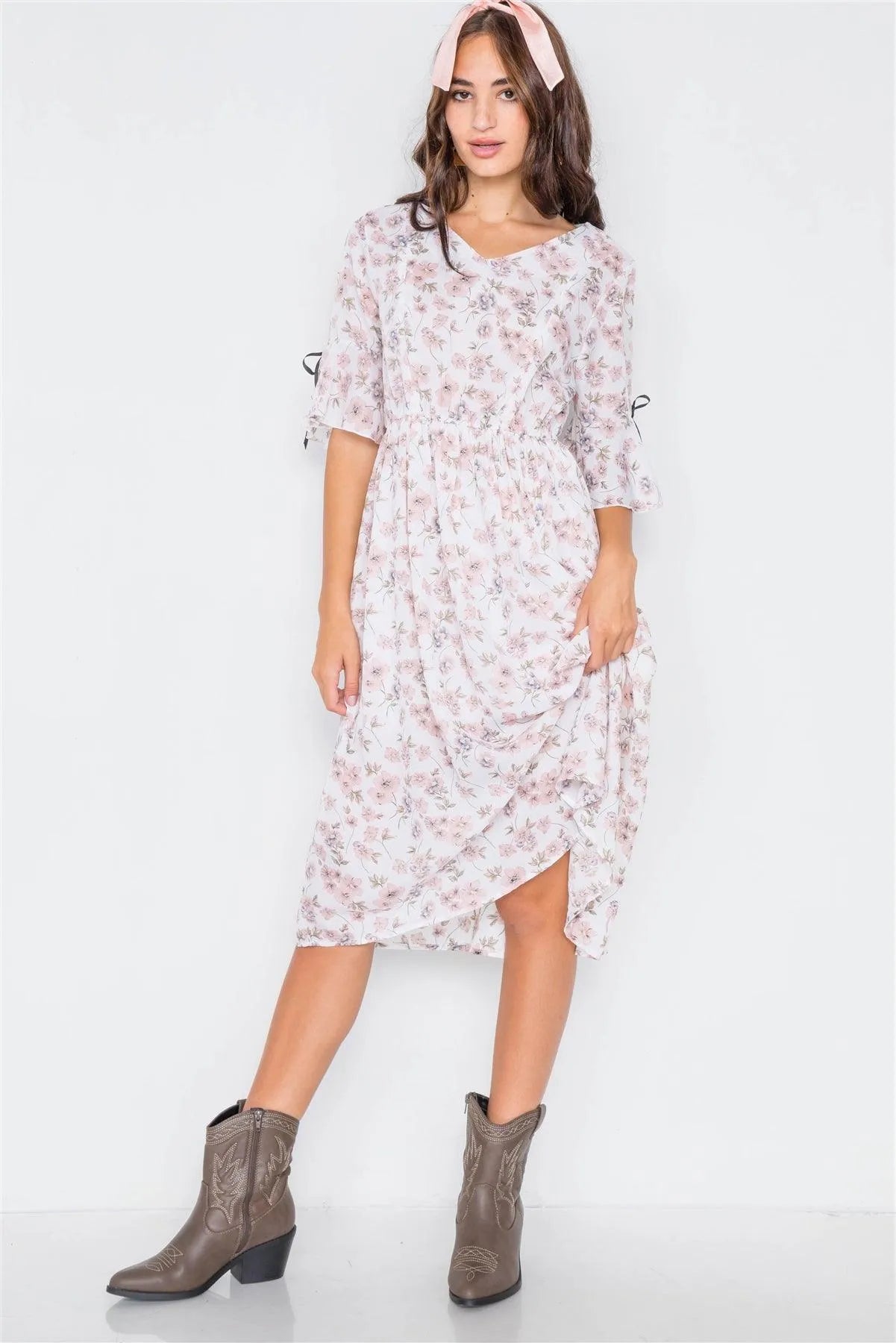 Pink & Ivory Floral Flounce Stretchy Midi Dress /2-2-2 - Tasha Apparel Wholesale