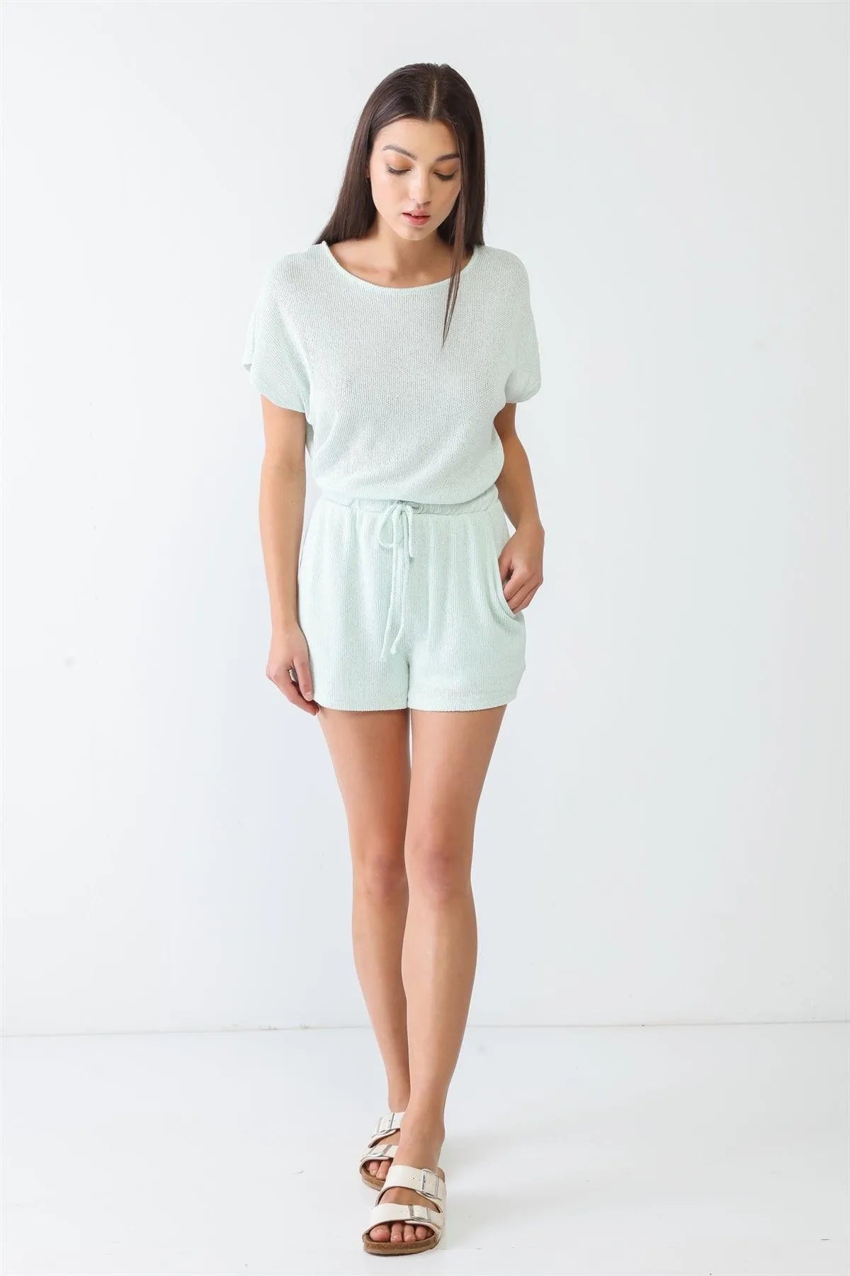 Mint Knit Two Pocket Short Sleeve Wrap Open Back Romper /2-2-2 - Tasha Apparel Wholesale