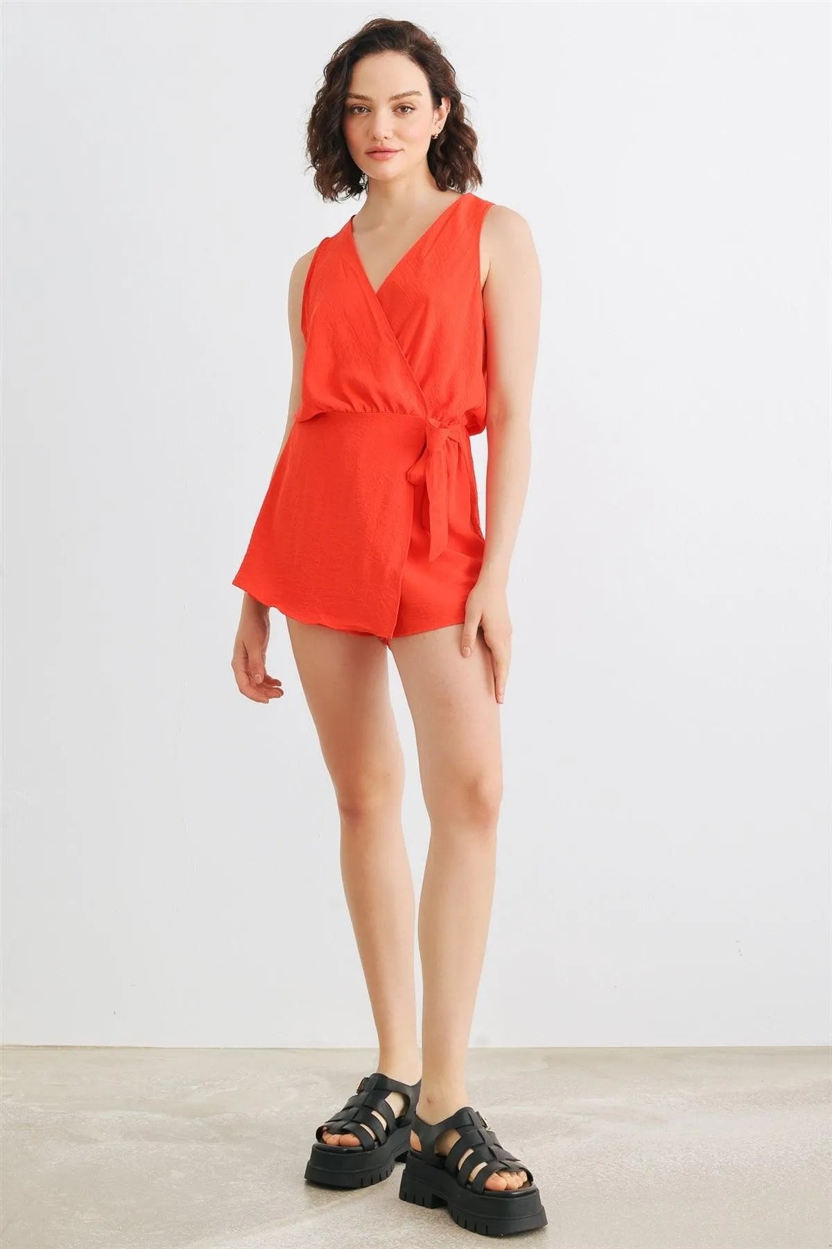 Red Sleeveless Wrap Neck Tie Romper /2-2-2 - Tasha Apparel Wholesale