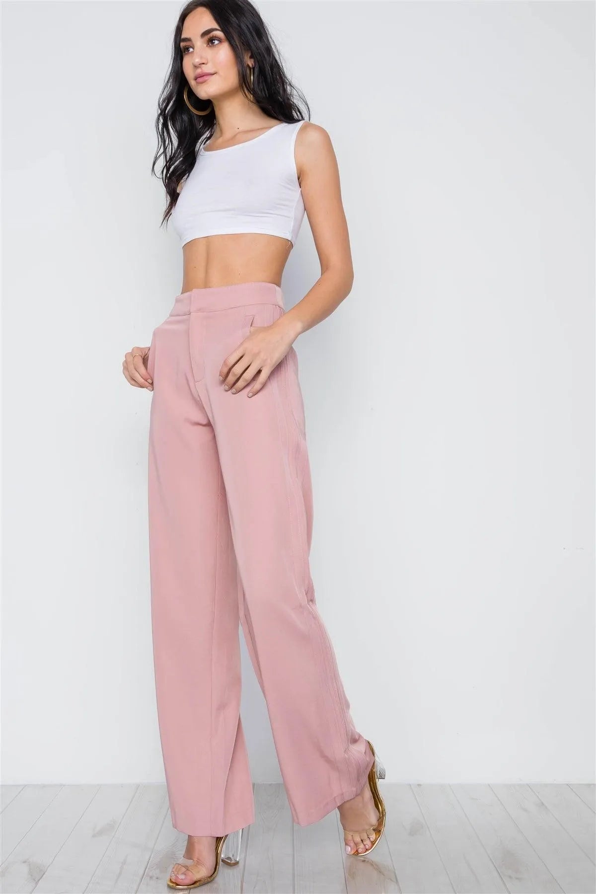 Blush High-Rise Wide Leg Solid Pants /1-2-2-1 - Tasha Apparel Wholesale