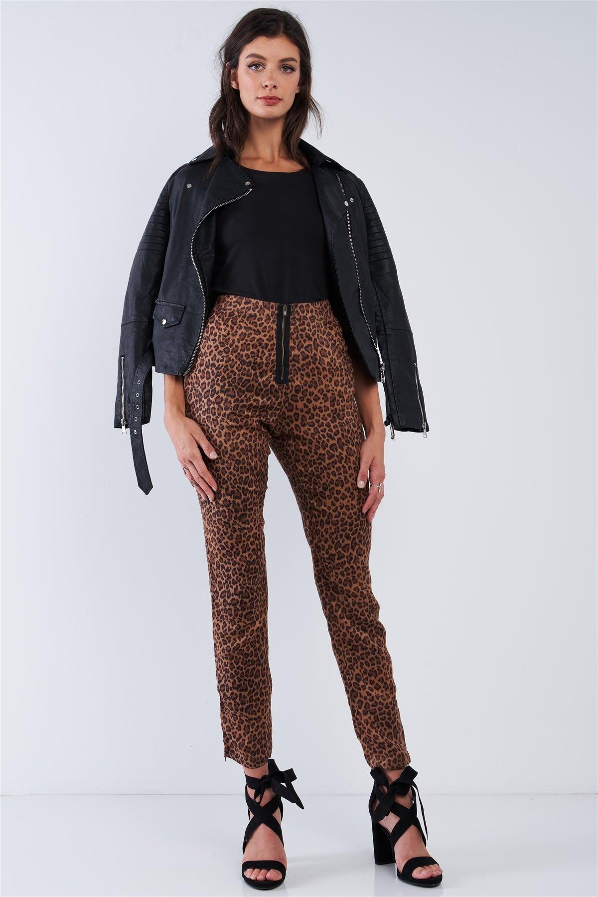 Leopard Print High Waisted Front Zipper Fly Accent Ankle Length Pants