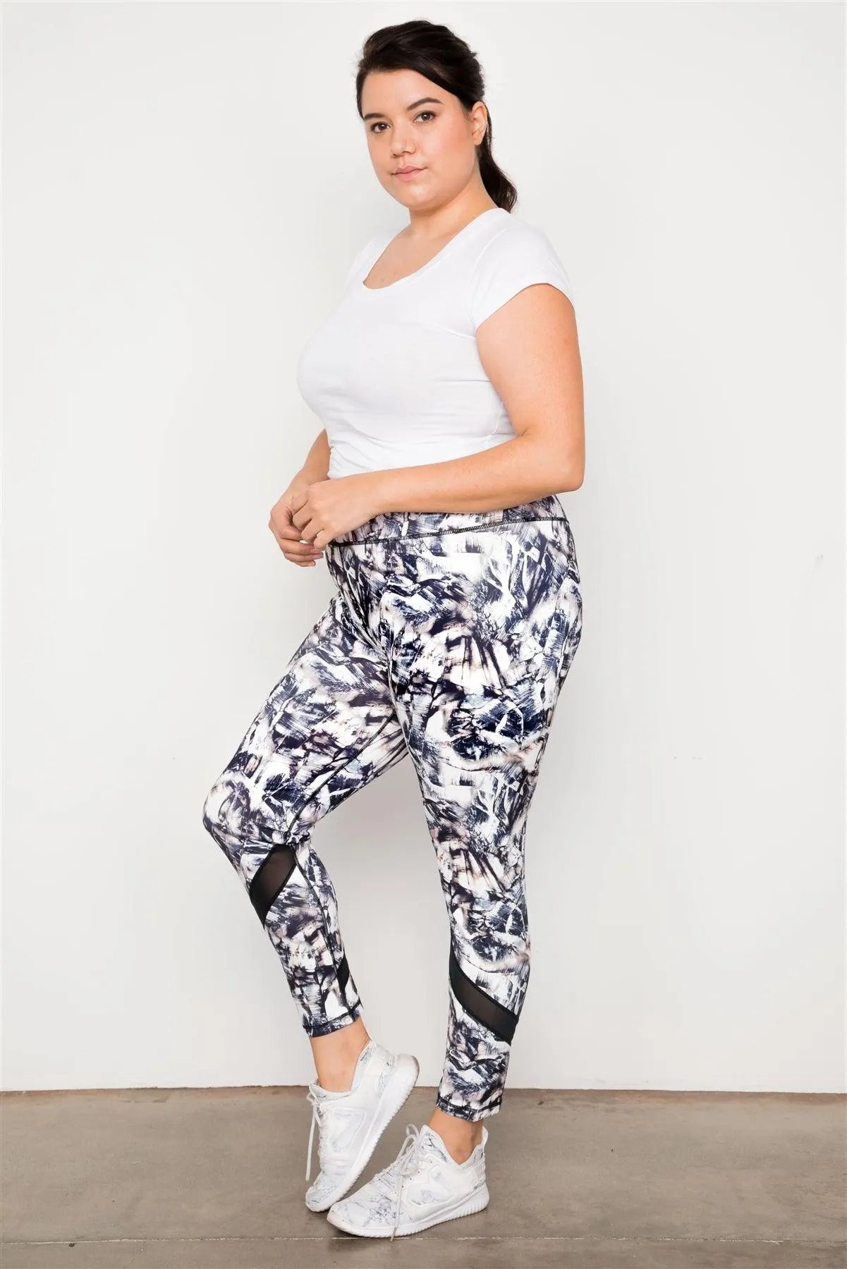 Plus Size Active Athletic Mid Rise Abstract Print Bottom Mesh Leggings - Tasha Apparel Wholesale
