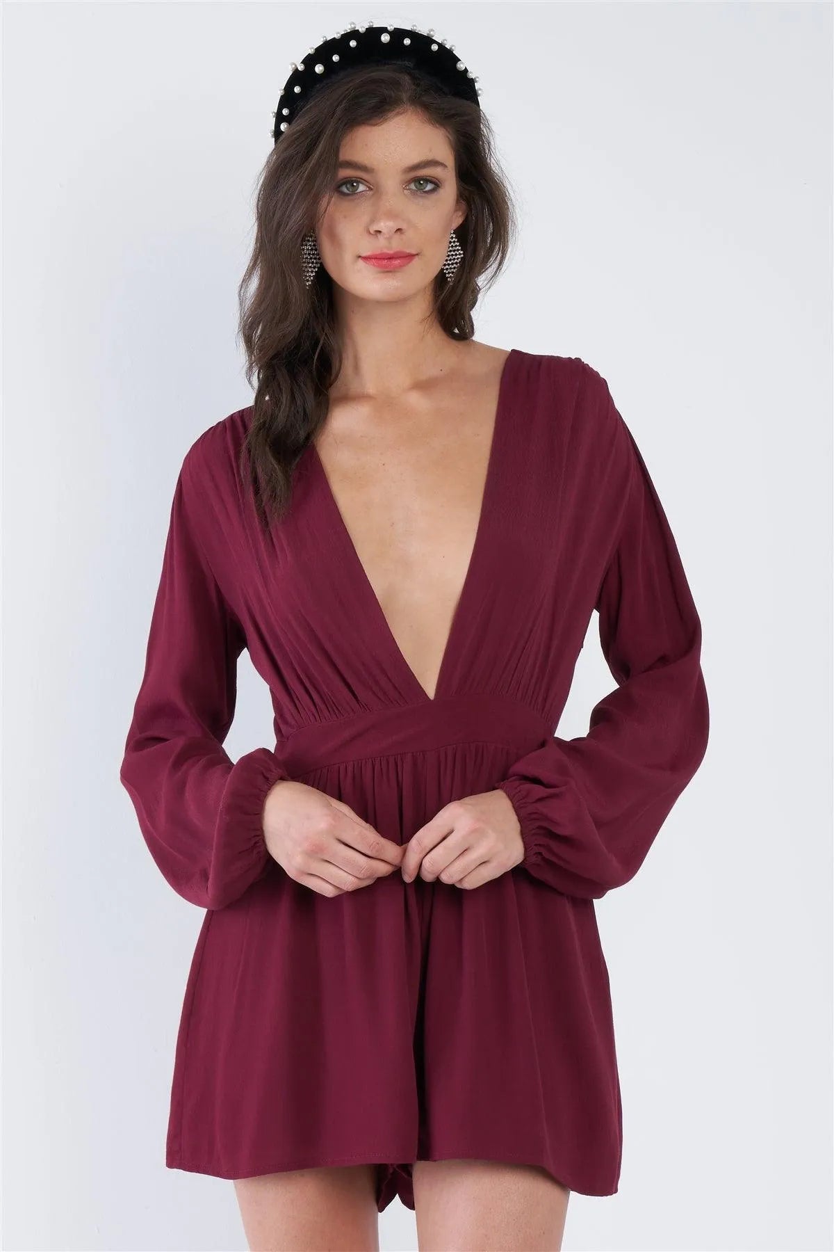 Plum Red V-Neck Vintage Long Puff Sleeve Short Chic Romper /3-2-1 - Tasha Apparel Wholesale