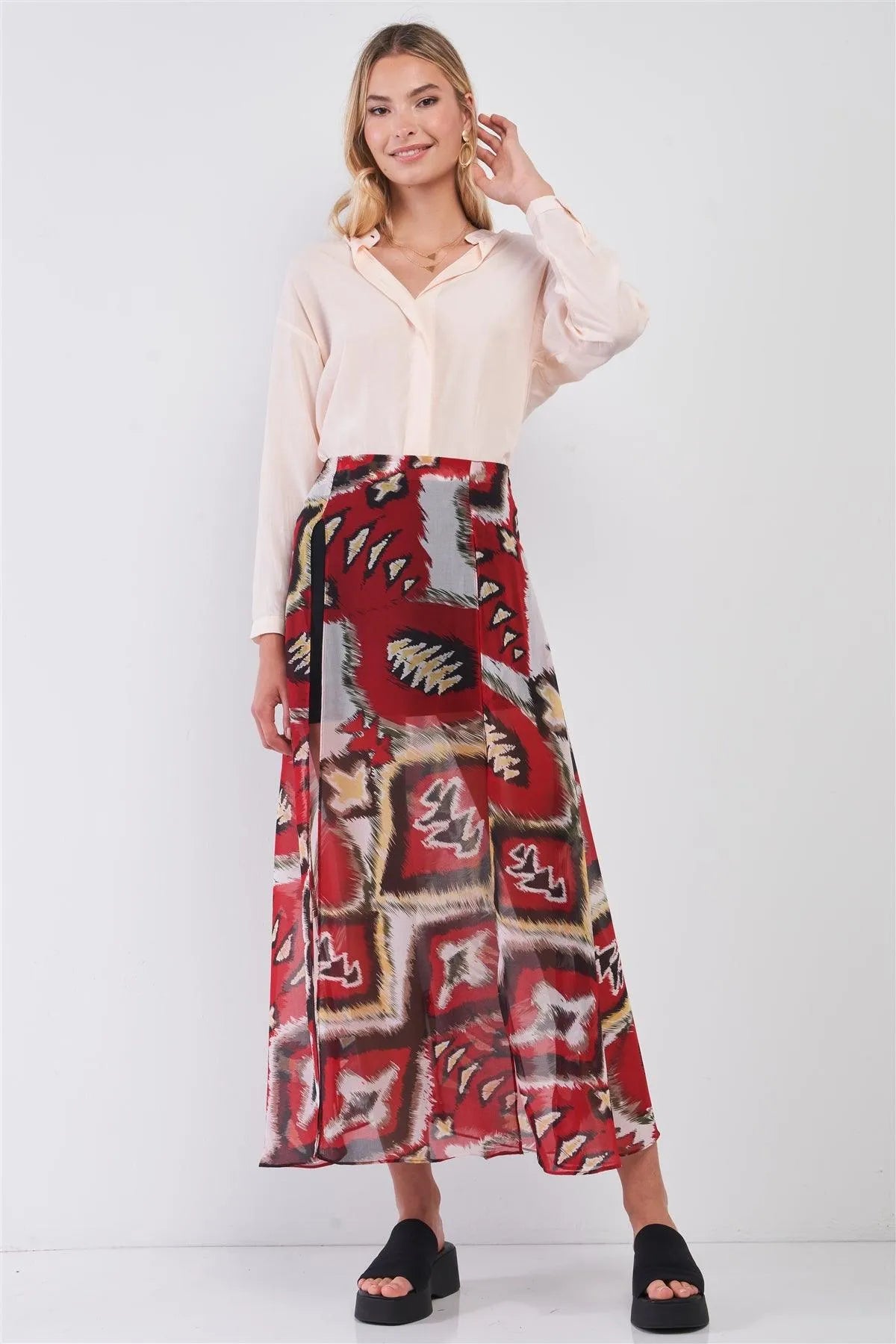 Red & Multi Vintage Graphic Print High-Waisted Two Front Slits Maxi Skirt /1-2-2-1 - Tasha Apparel Wholesale