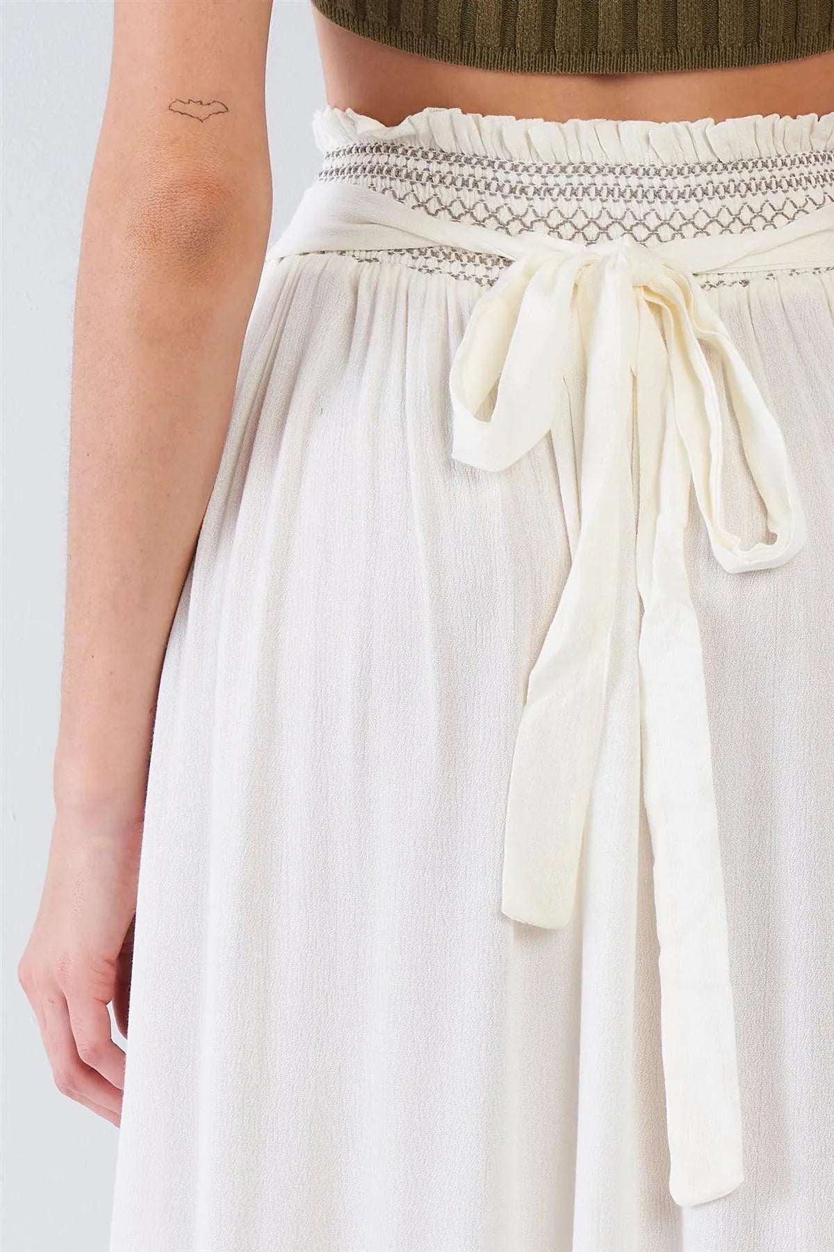 Taupe Sheer Center Side Slit Cut Out Boho Elastic Waist Maxi Skirt - Tasha Apparel Wholesale