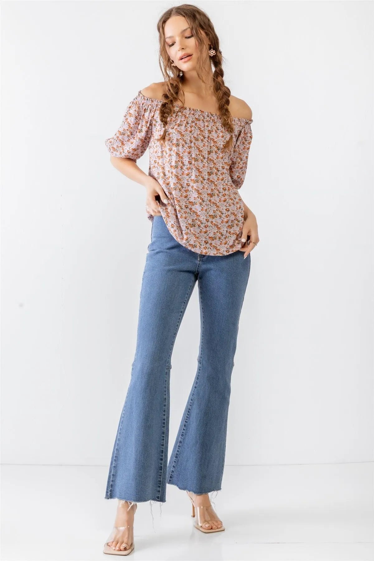 Lilac & Rust Floral Print Off-The-Shoulder Short Sleeve Ruffle Top /3-2-2 - Tasha Apparel Wholesale