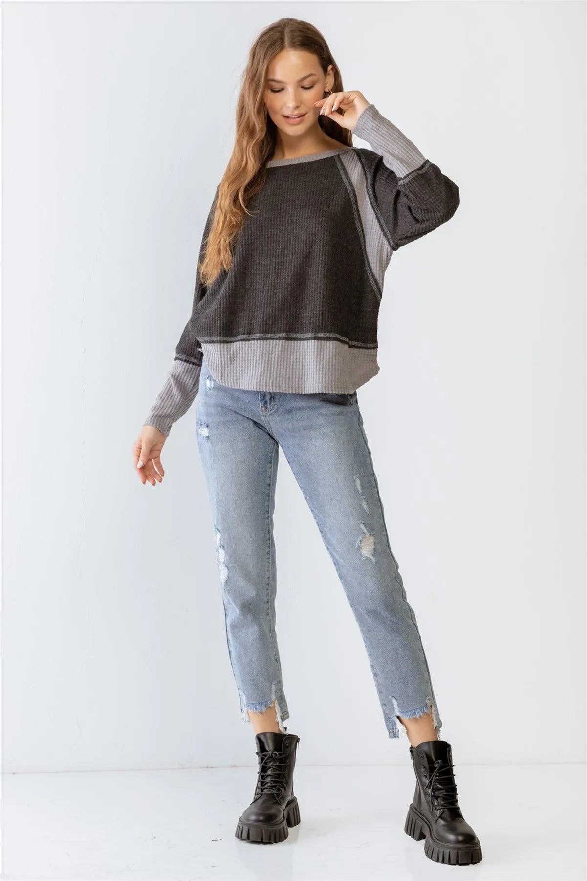 Charcoal & Grey Colorblock Waffle Knit Long Sleeve Top S-M-L/2-2-2 - Tasha Apparel Wholesale