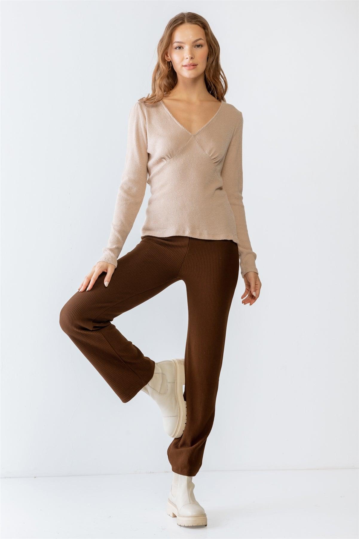 Sand Ribbed V-Neck Long Sleeve Soft To Touch Top S-M-L/2-2-2
