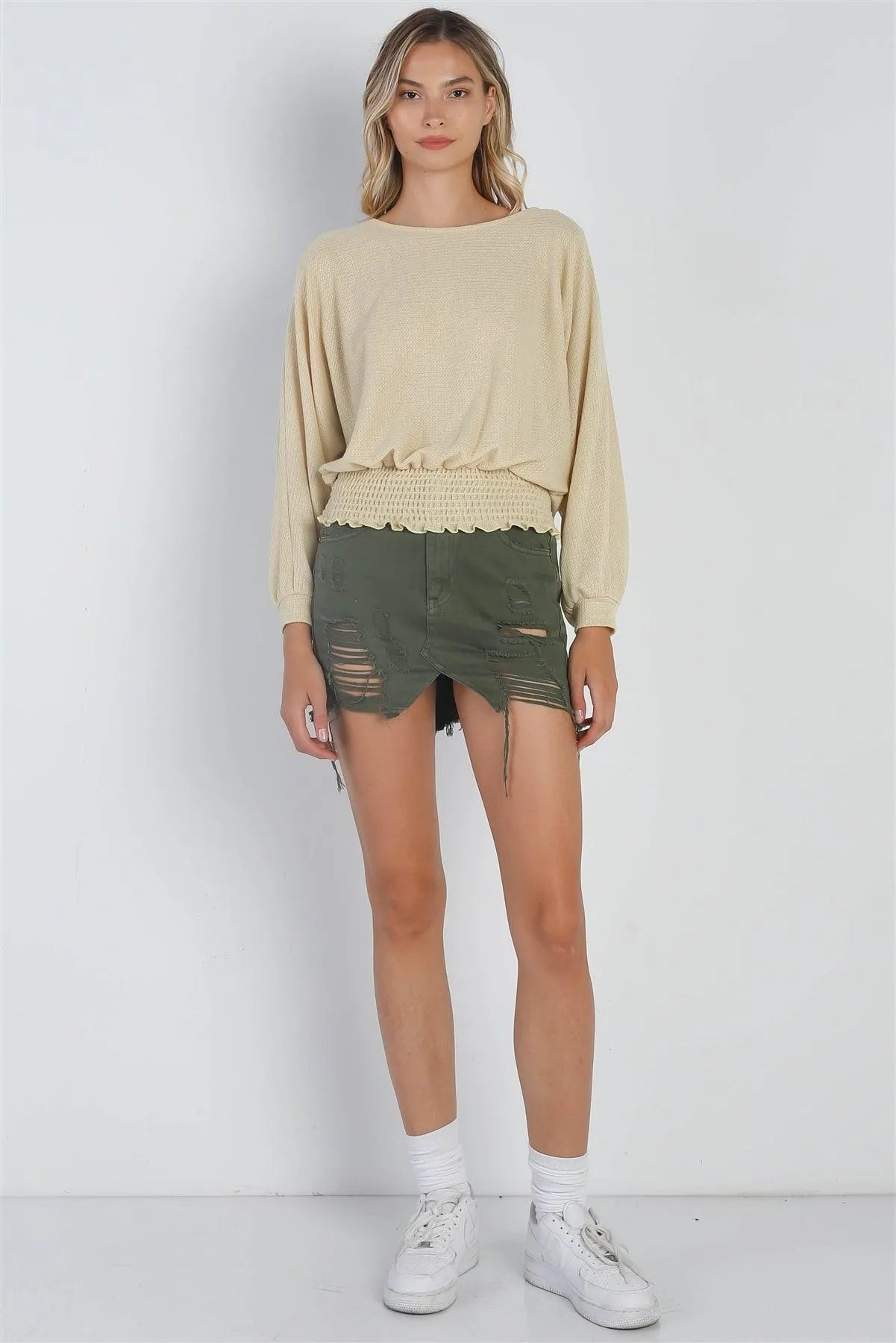 Yellow Waffle Knit Long Sleeve Smocked Hem Top /3-1-2 - Tasha Apparel Wholesale