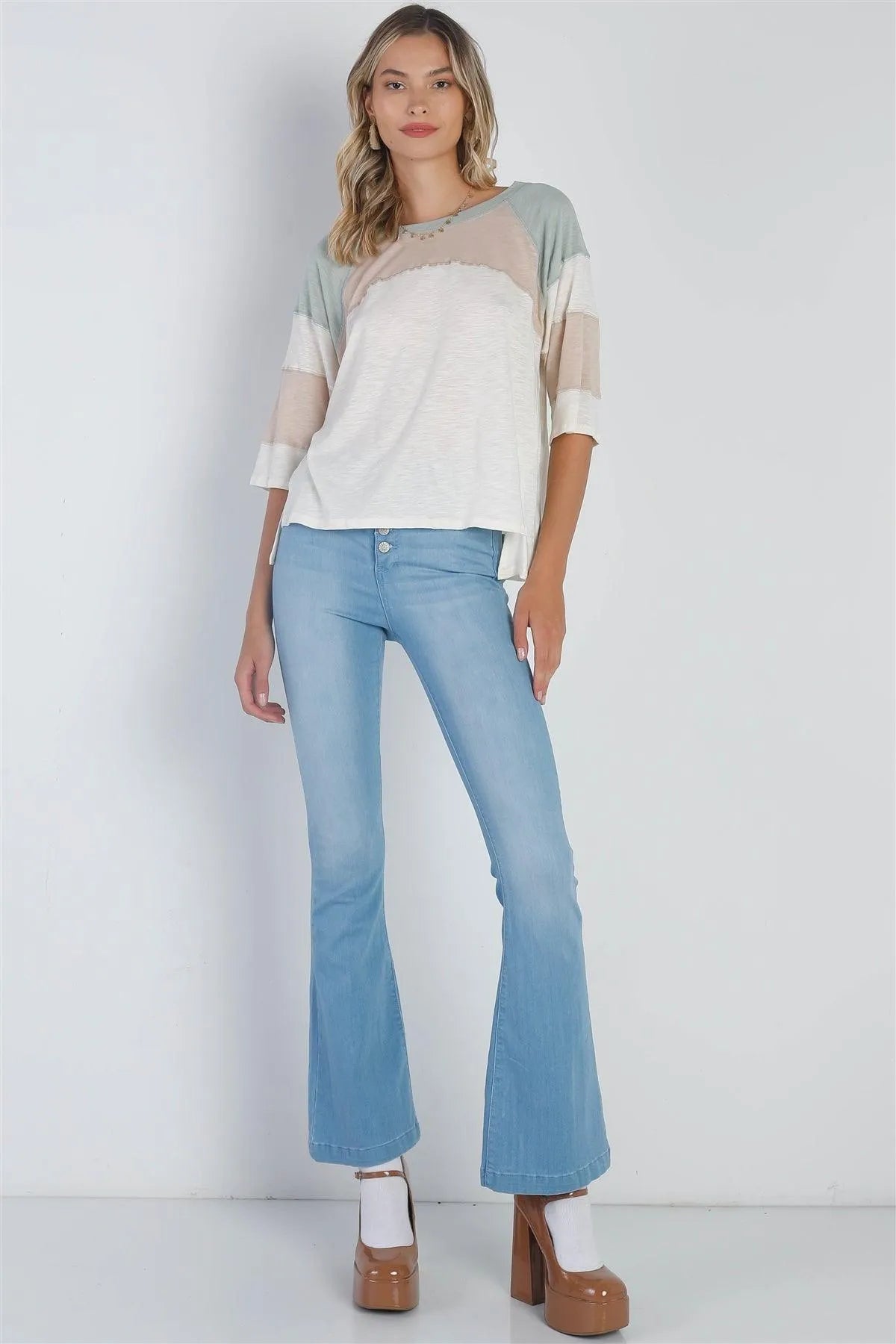 Cream Sage Color Block Round Neck Midi Sleeve Top /2-2-2 - Tasha Apparel Wholesale