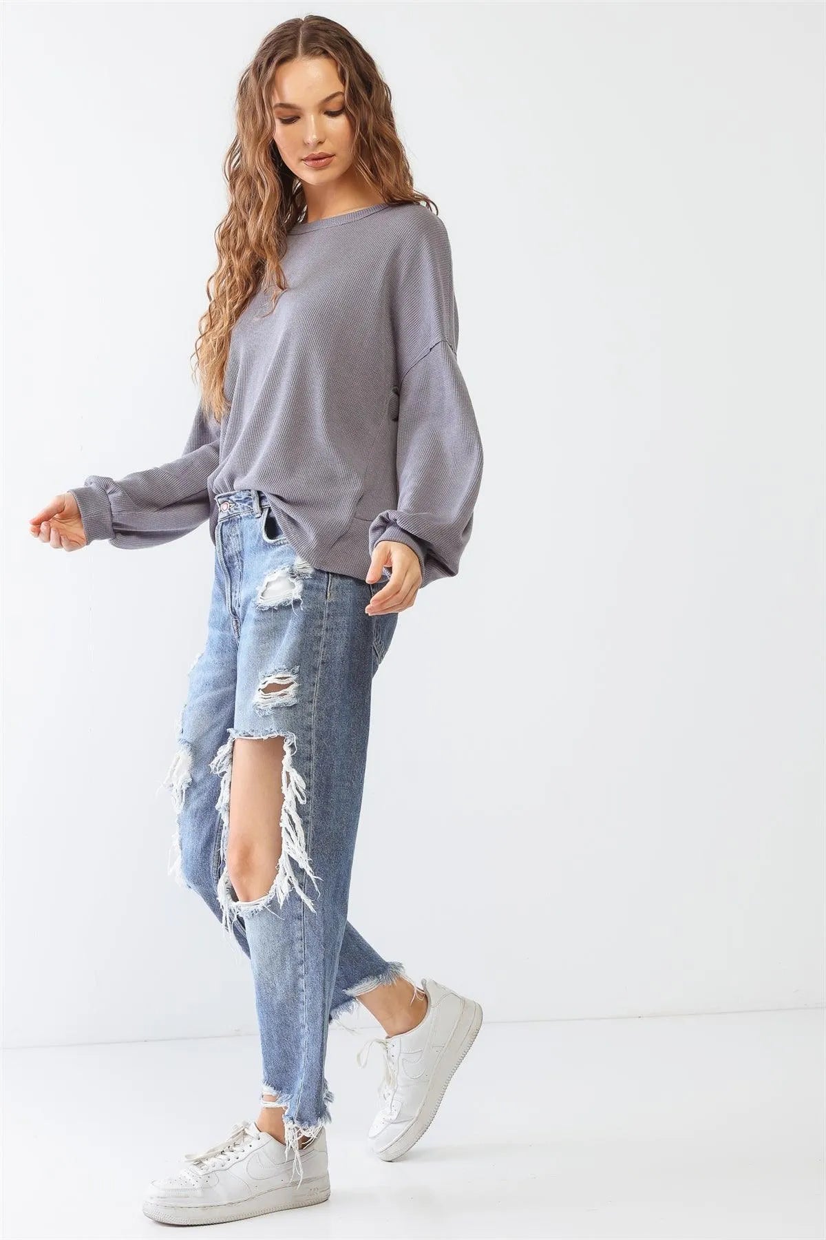 Waffle Knit Long Sleeve Back Wrap Cut-Out Top - Tasha Apparel Wholesale
