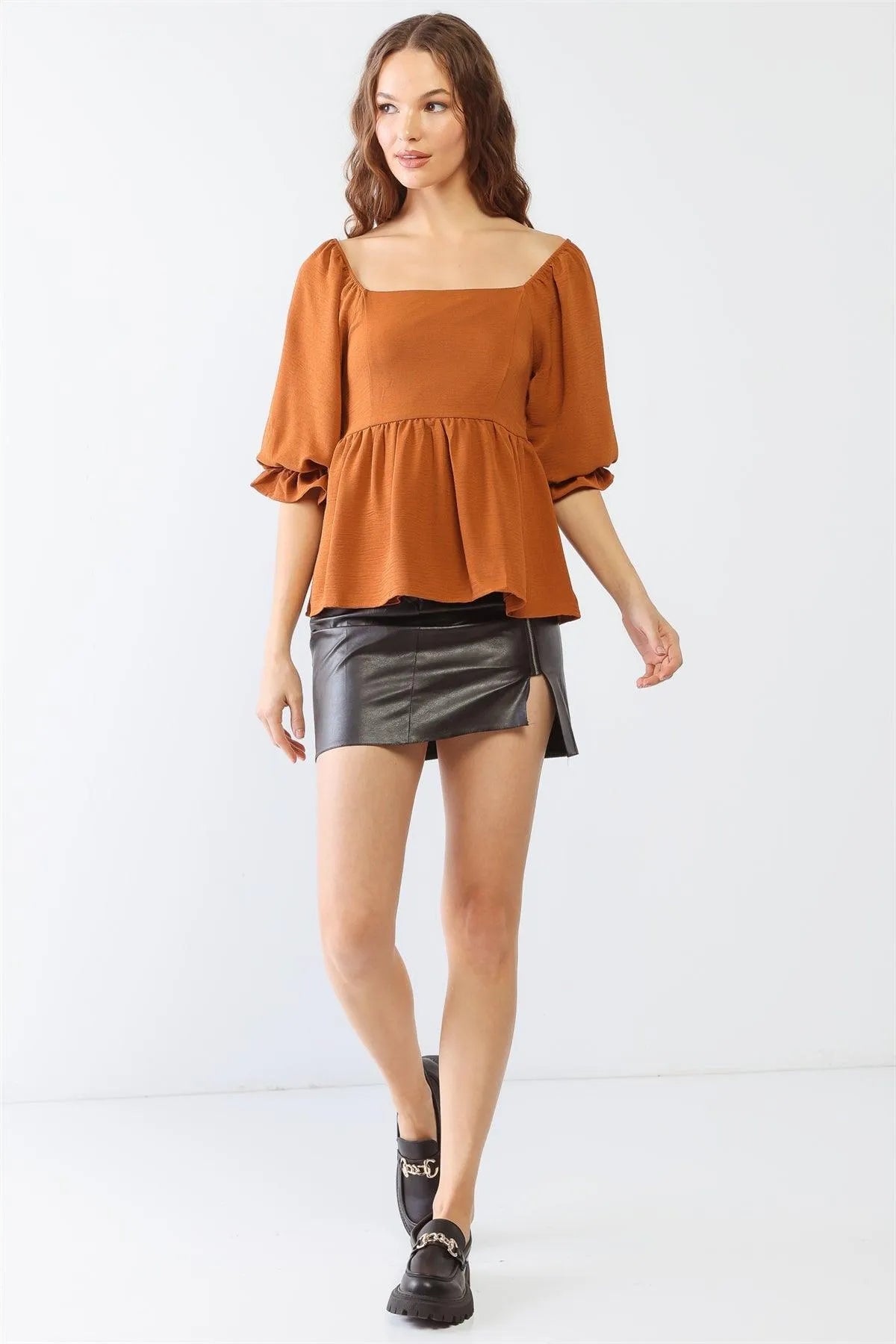 Camel Square Neck Puff Balloon Midi Sleeve Smocked Back Flare Hem Top /2-3-2 - Tasha Apparel Wholesale