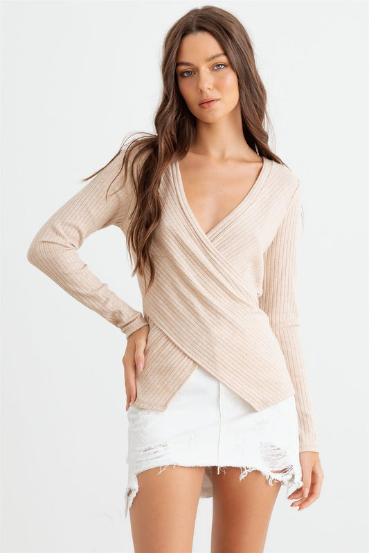 Oatmeal Ribbed Wrap Front Long Sleeve Top /2-2-2