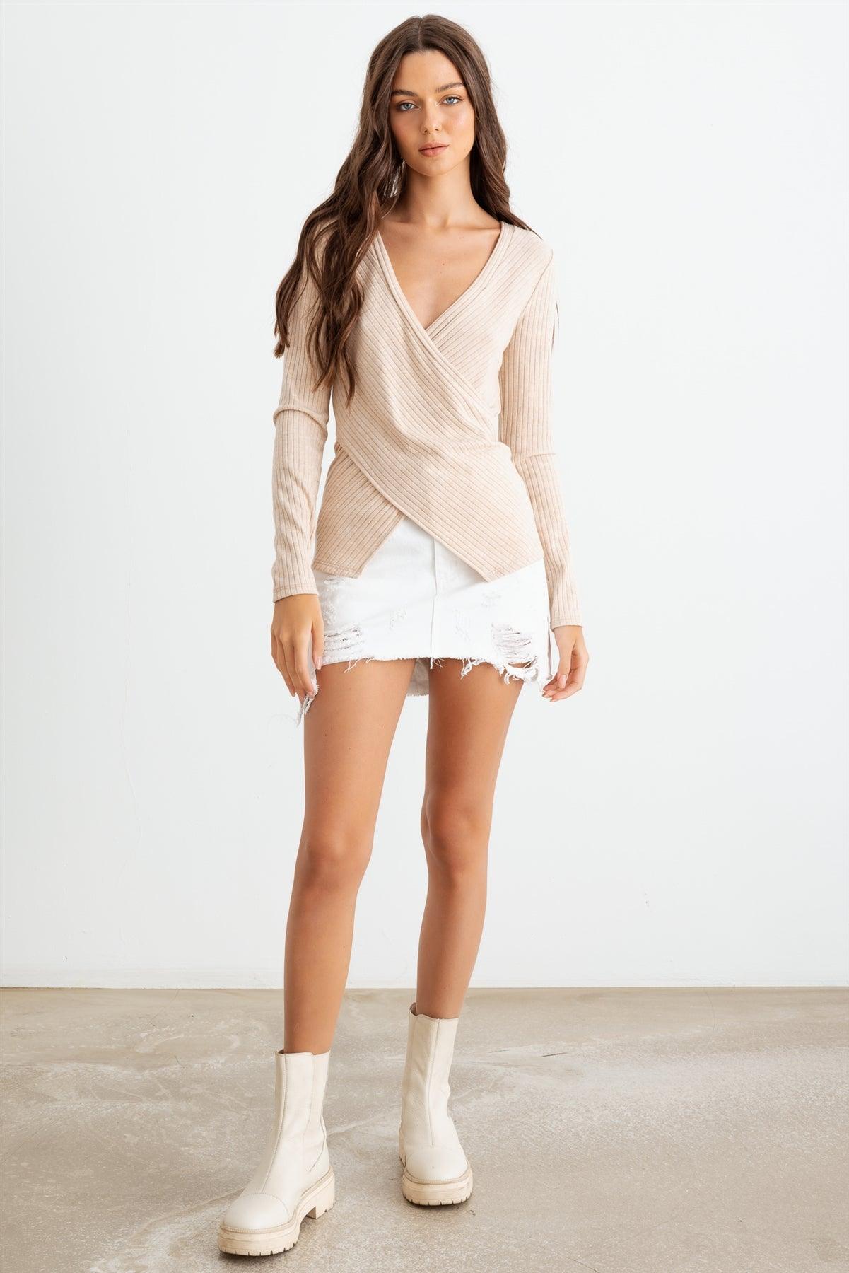 Oatmeal Ribbed Wrap Front Long Sleeve Top /2-2-2