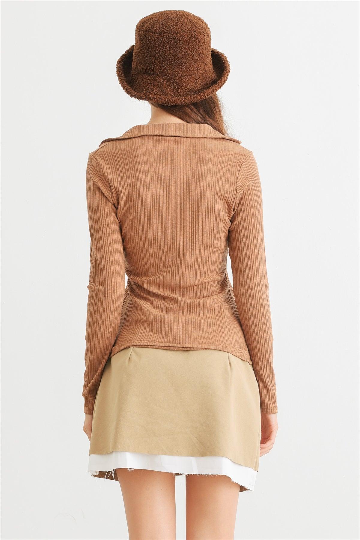 Camel Ribbed Button-Up Collared Neck Long Sleeve Top /3-2-2