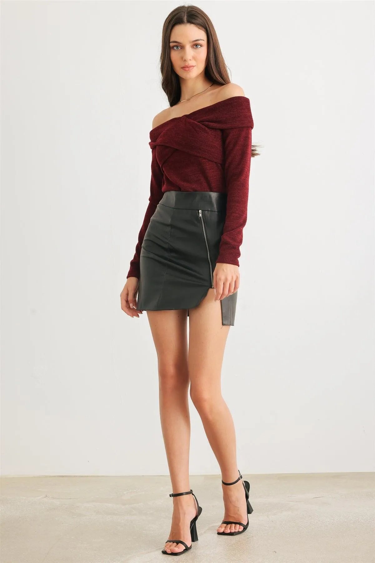 Burgundy Knit Criss-Cross Off-The-Shoulder Long Sleeve Top /2-2-2 - Tasha Apparel Wholesale