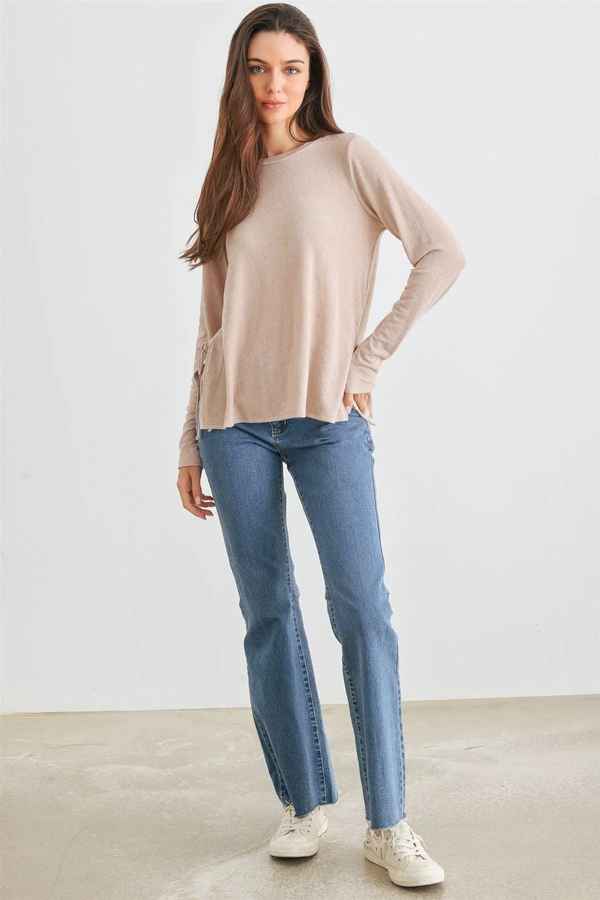 Taupe Crew Neck Long Sleeve Tie Side Top /2-2-2 - Tasha Apparel Wholesale
