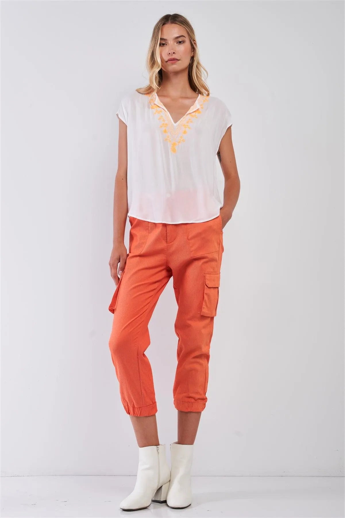 White & Orange Embroidery Boho V-Neck Short Sleeve Tunic Top /1-2-2-1 - Tasha Apparel Wholesale