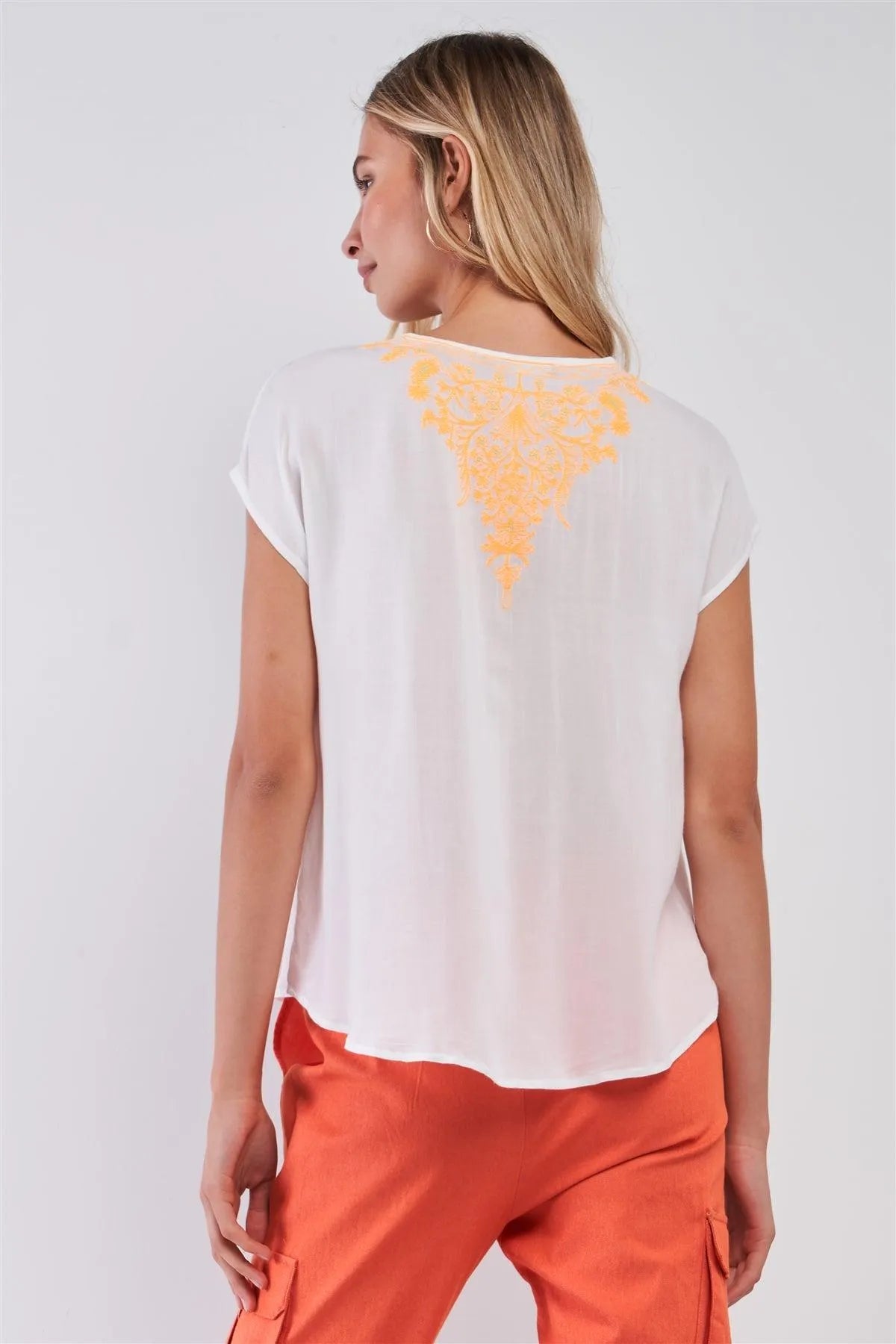 White & Orange Embroidery Boho V-Neck Short Sleeve Tunic Top /1-2-3 - Tasha Apparel Wholesale