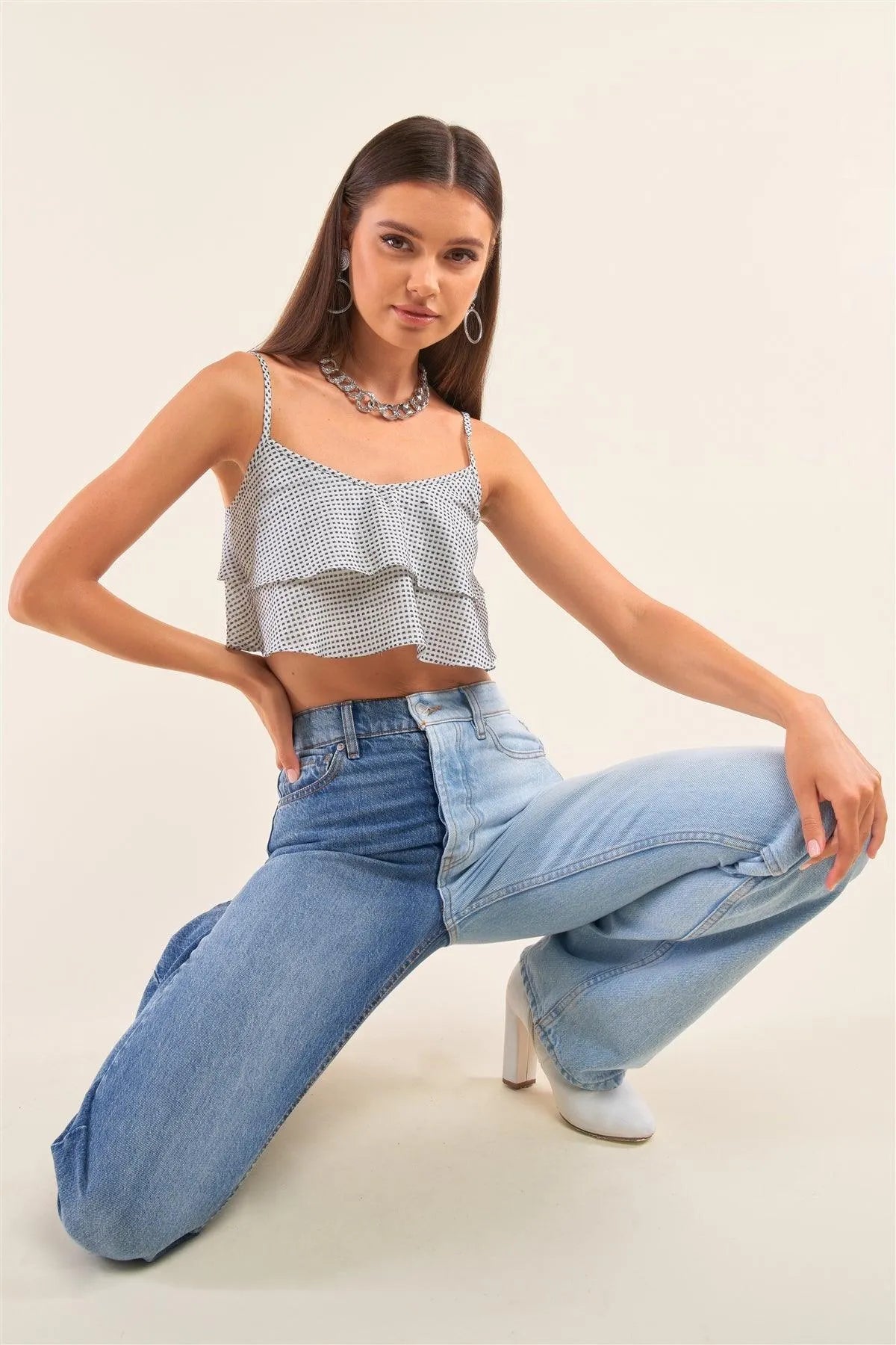 White And Navy Sleeveless Polka Square Layered Smock Back Cropped Top /3-2 - Tasha Apparel Wholesale