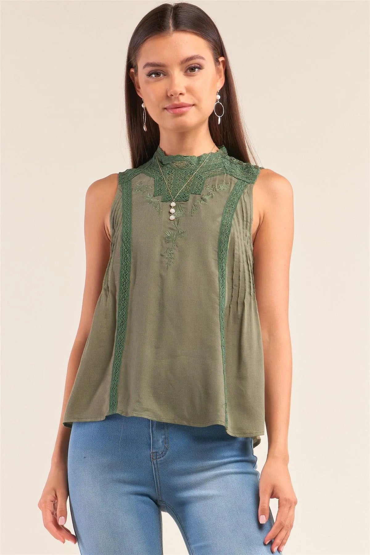 Forest Green Sleeveless Crochet Embroidered Hem Pleated Babydoll Top /1-2-2 - Tasha Apparel Wholesale