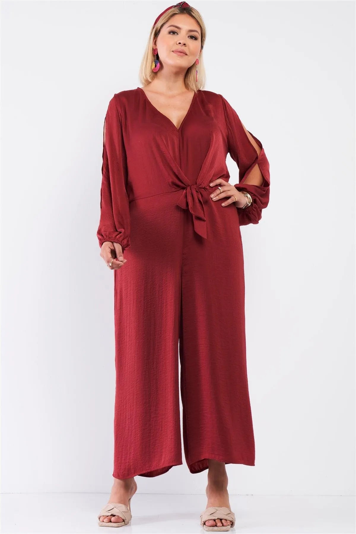 Junior Plus Size Sangria Red Satin V-Neck Self-Tie Waist Slit Sleeve Detail Jumpsuit /1-1-1 - Tasha Apparel Wholesale