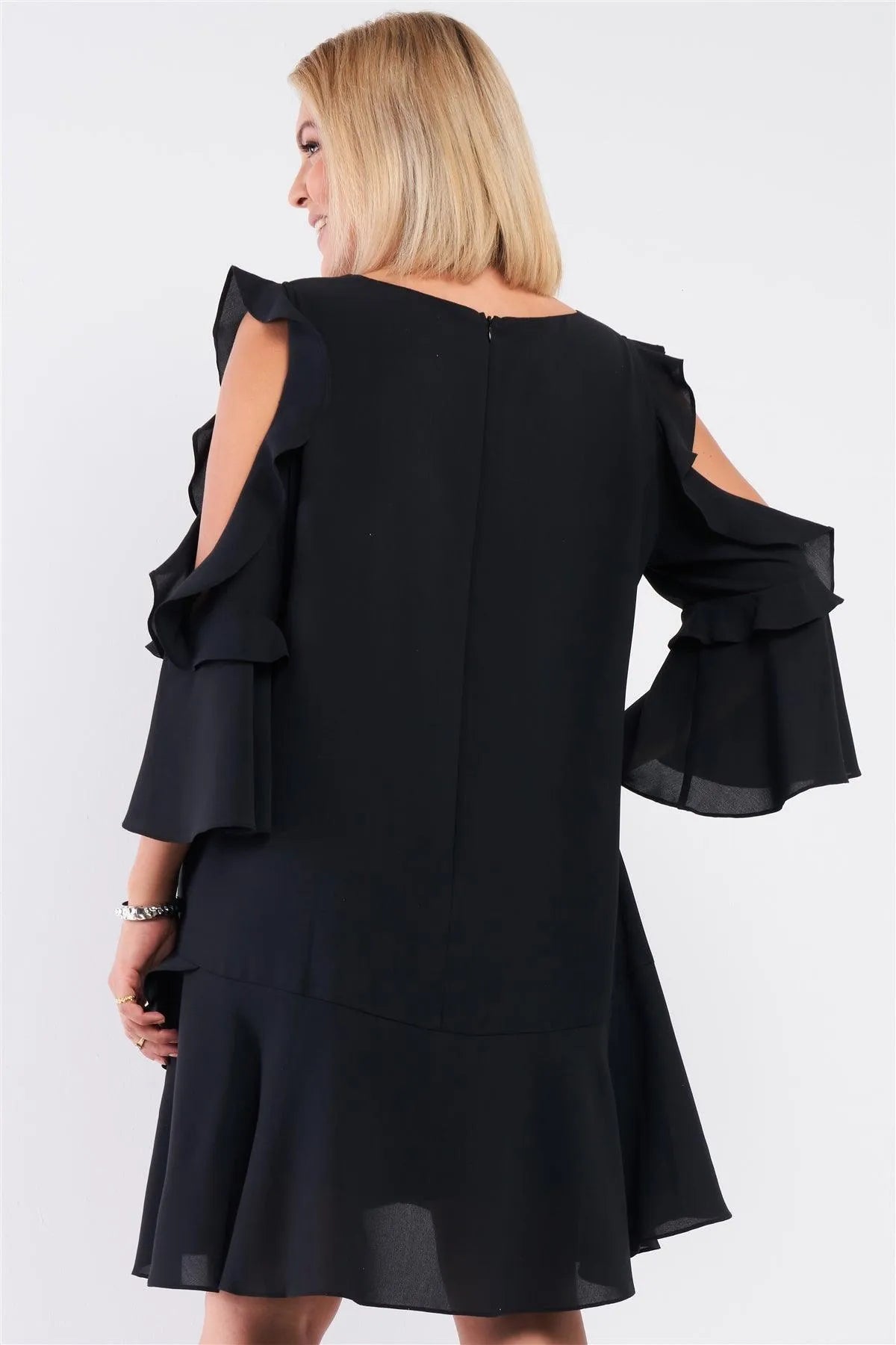 Junior Plus Black Midi Sleeve Flare Hem Layered Bottom Off-The-Shoulder Mini Dress /1-1-1 - Tasha Apparel Wholesale