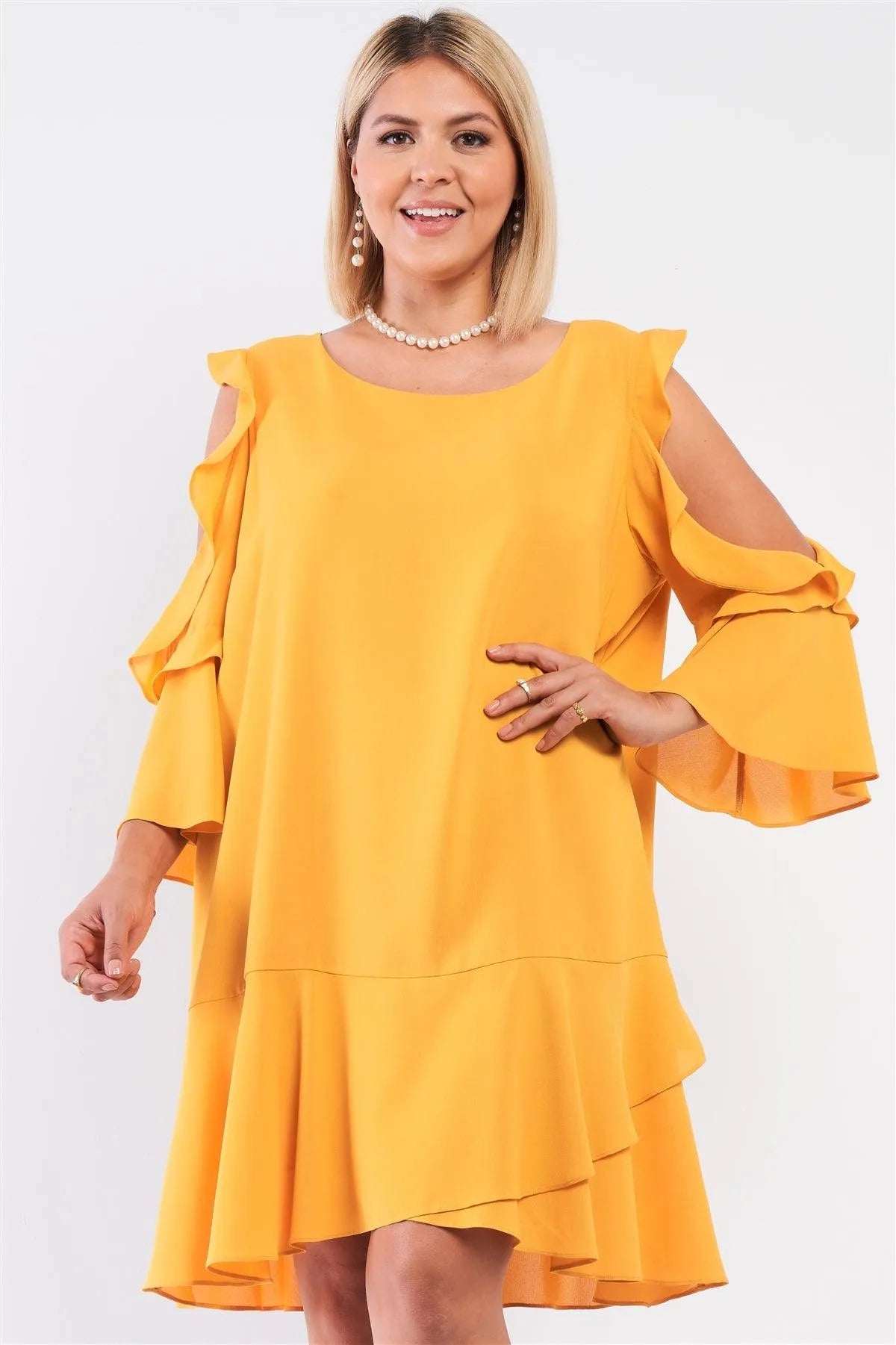 Junior Plus Mustard Midi Sleeve Flare Hem Layered Bottom Off-The-Shoulder Mini Dress /1-1-1 - Tasha Apparel Wholesale