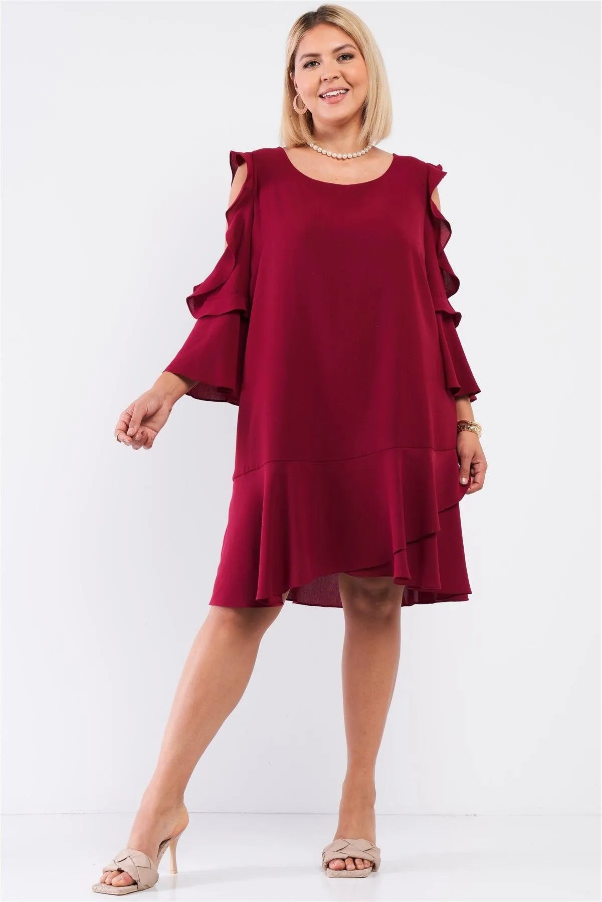 Junior Plus Rose-Wood Midi Sleeve Flare Hem Layered Bottom Off-The-Shoulder Mini Dress /1-1-1 - Tasha Apparel Wholesale