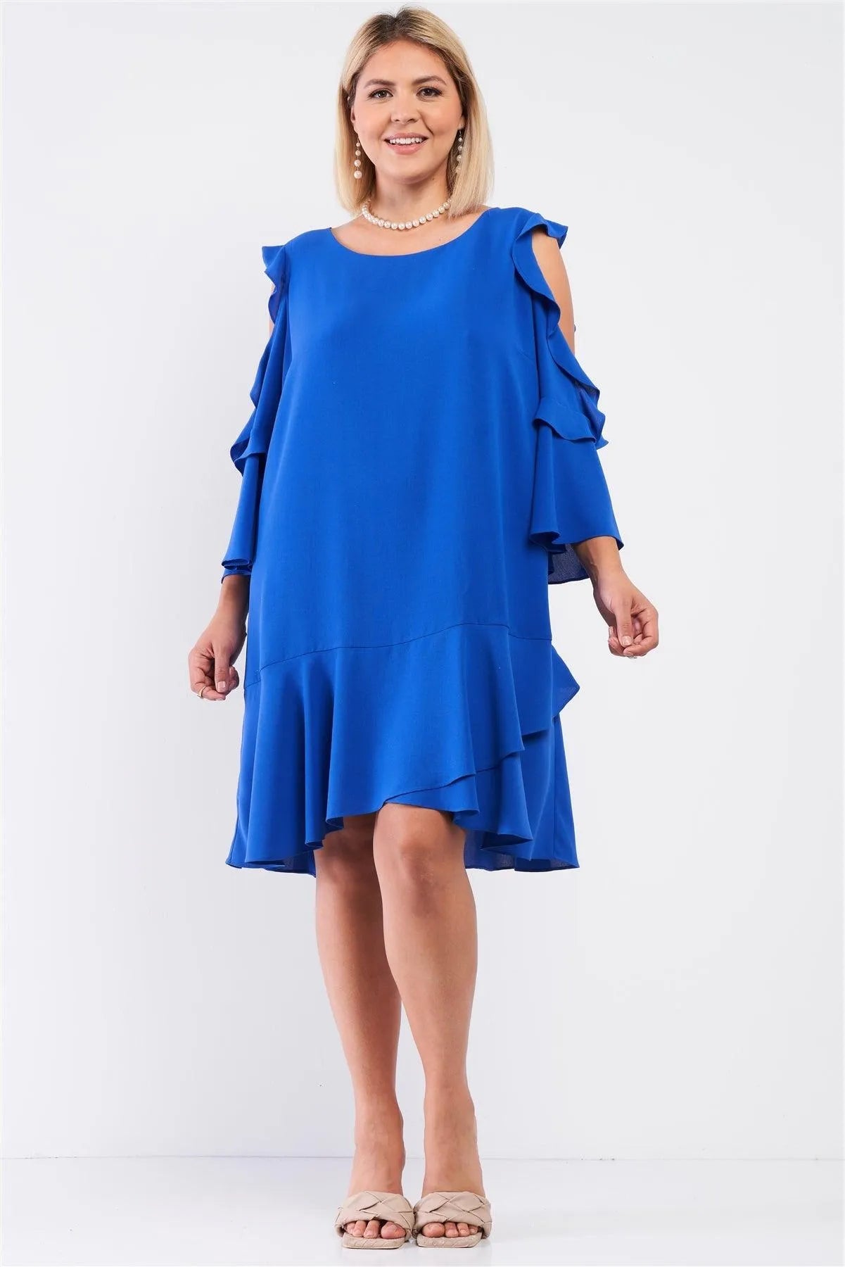 Junior Plus Royal Blue Midi Sleeve Flare Hem Layered Bottom Off-The-Shoulder Mini Dress /1-1-1 - Tasha Apparel Wholesale