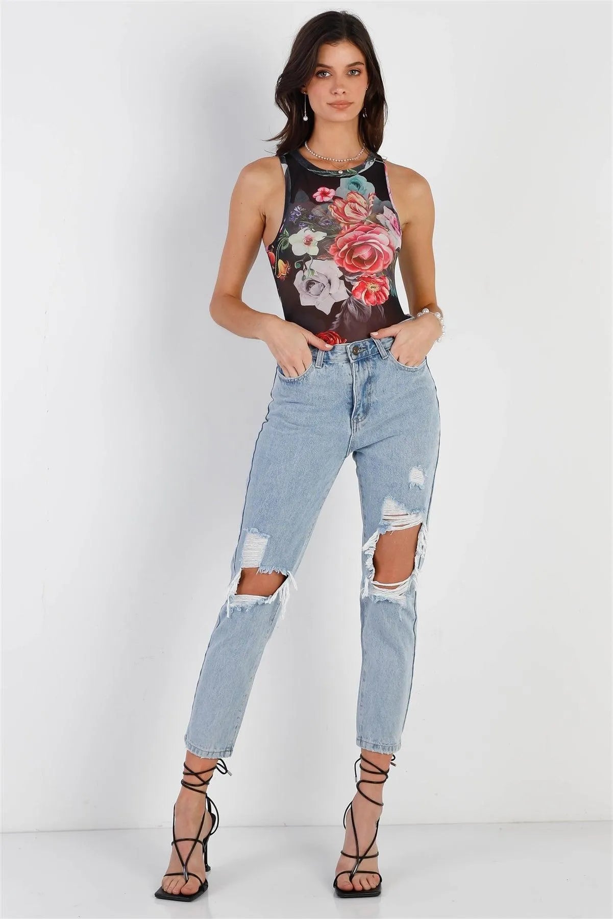 Black Mesh Floral Print Sleeveless Bodysuit - Tasha Apparel Wholesale