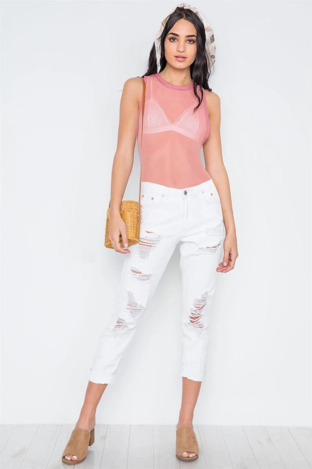 Mauve Mash Sleeveless Sheer Bodysuit /3-2-1 - Tasha Apparel Wholesale