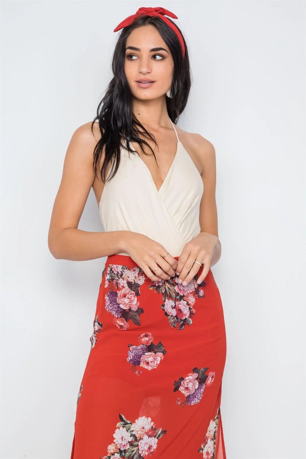 Beige Surplice Neckline Solid V-Neck Bodysuit /2-2-1 - Tasha Apparel Wholesale