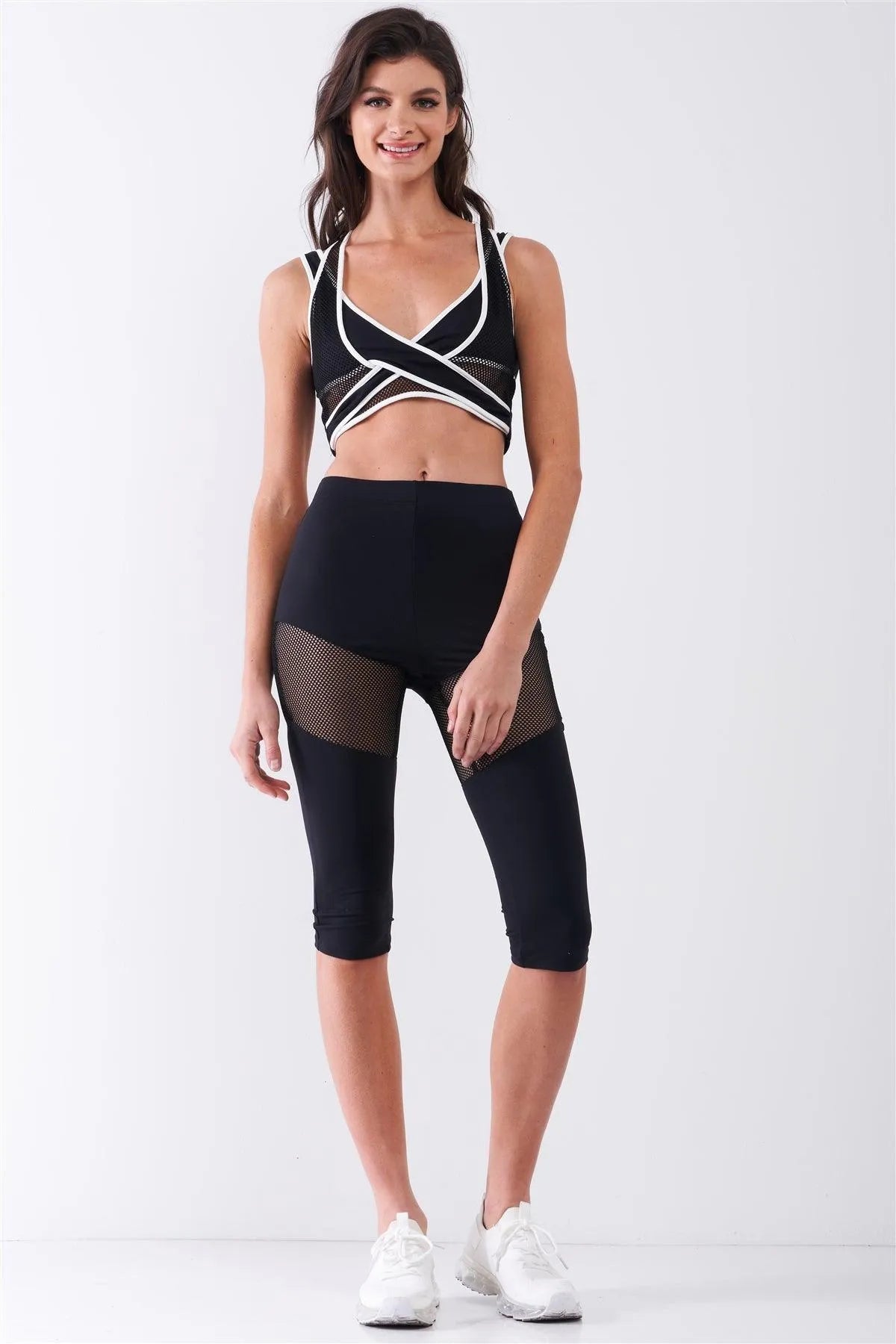 Black Combined Sheer Net Mesh Sleeveless Overlapping Racer Back Sports Bra Crop Top - Tasha Apparel Wholesale