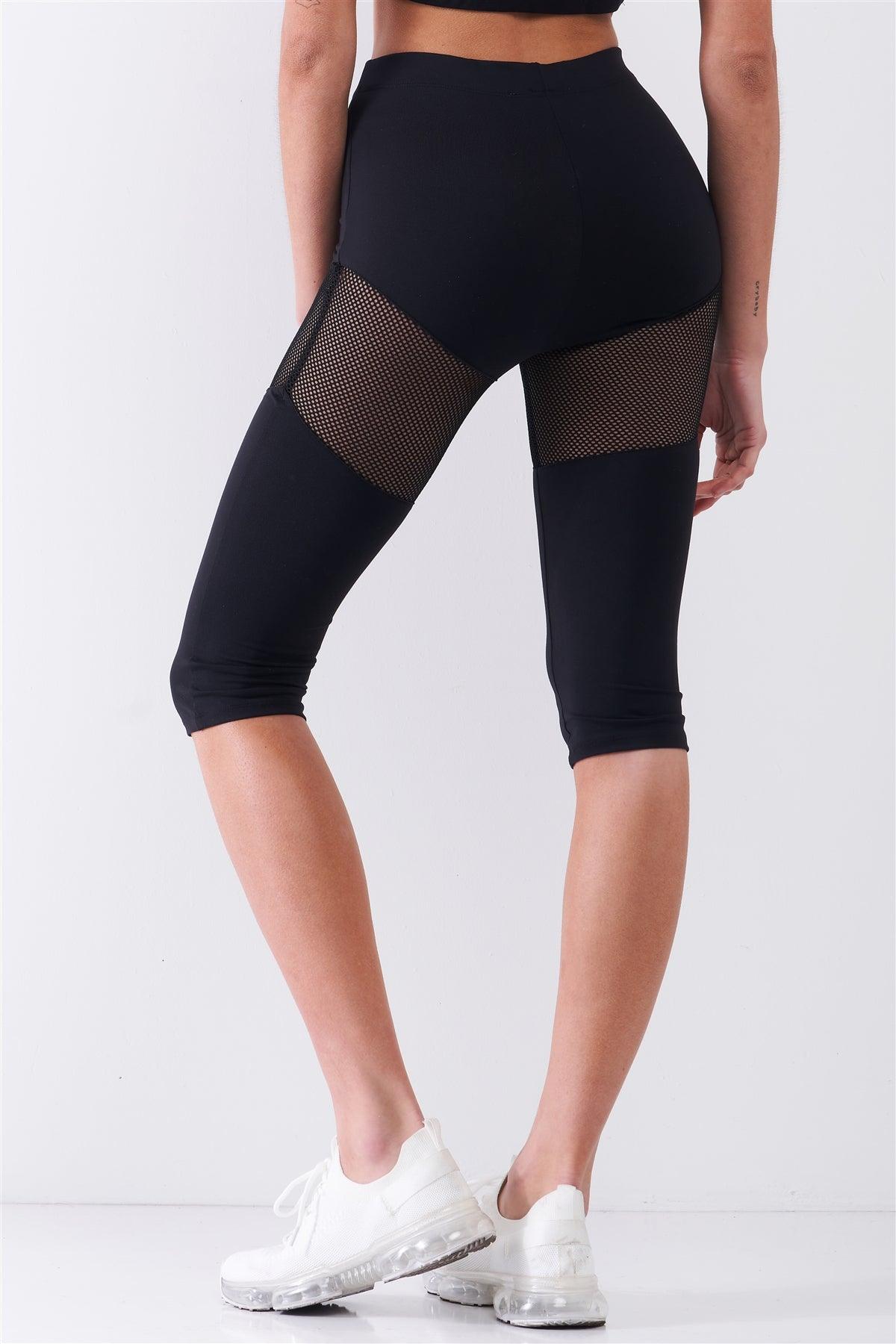 Black High Waist Sheer Mesh Cut-Ins Sports Midi Legging Pants /2-2-2