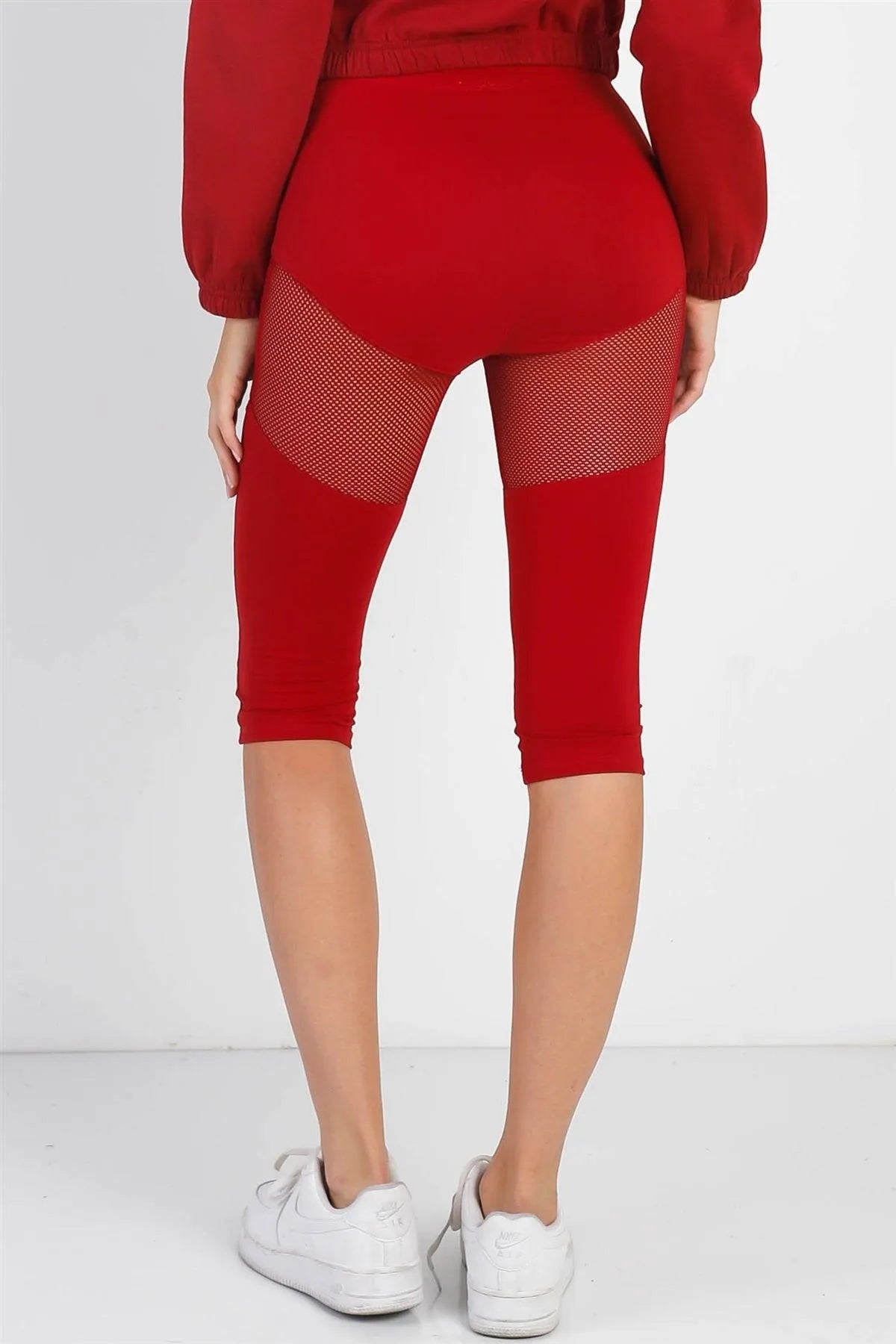 Red High Waist Sheer Mesh Cut-Ins Sports Midi Legging Pants /1-2-2-2-1 - Tasha Apparel Wholesale