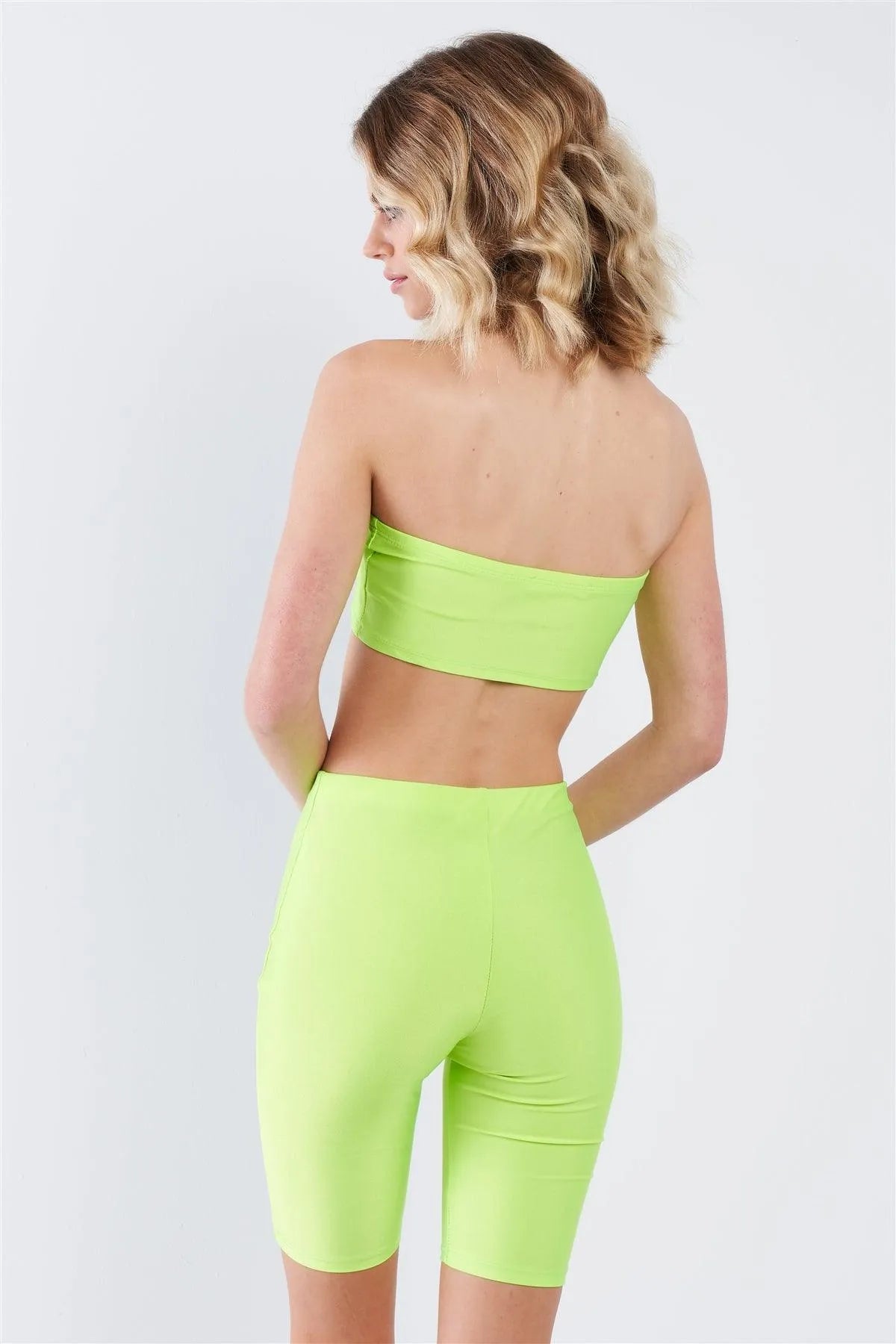 Lime Green Bandeau Elastic Crop & Solid Biker Shorts Set /2-2-2 - Tasha Apparel Wholesale