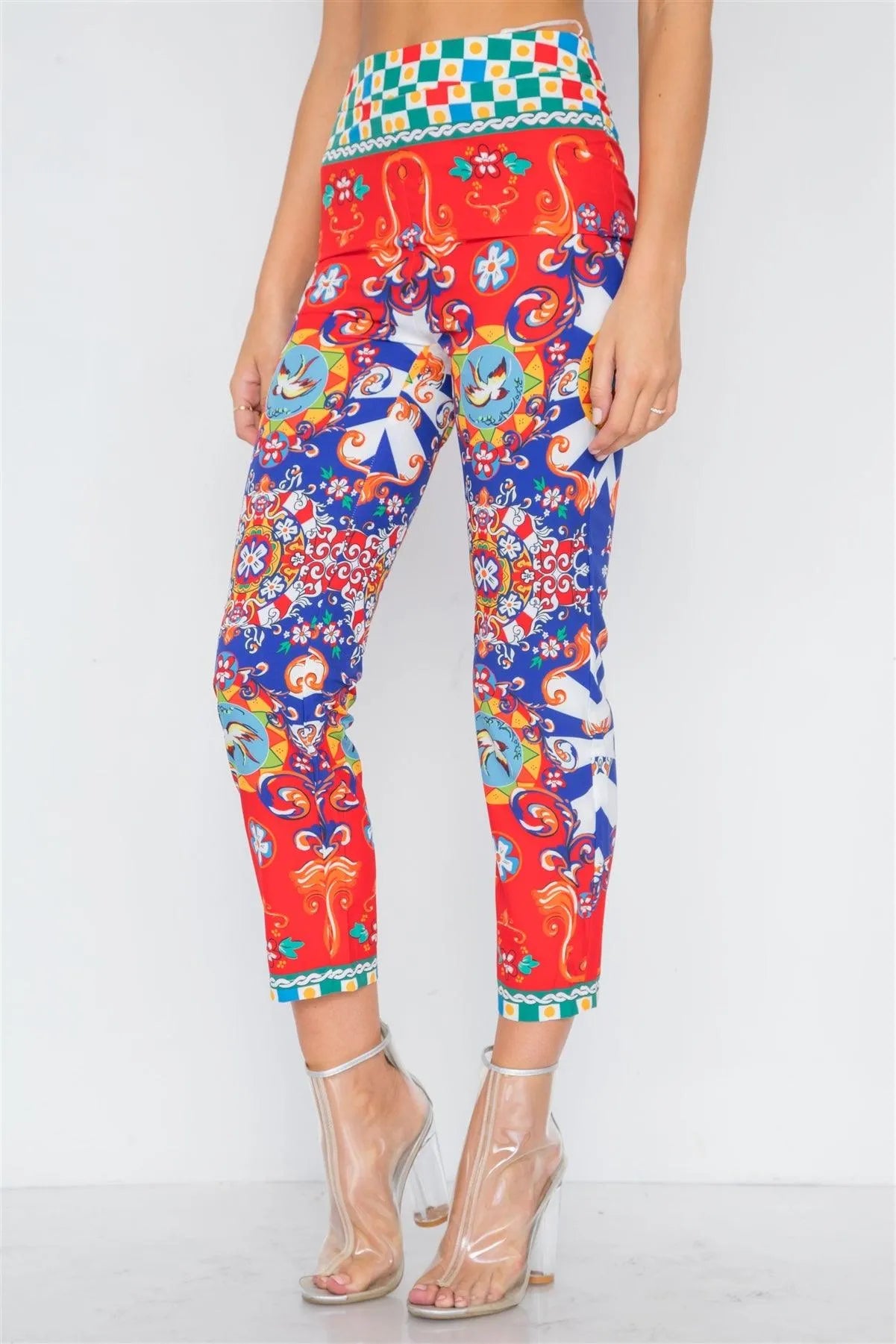 Red Multi Pattern Print Button Down Blouse Pants Set /2-2-2 - Tasha Apparel Wholesale