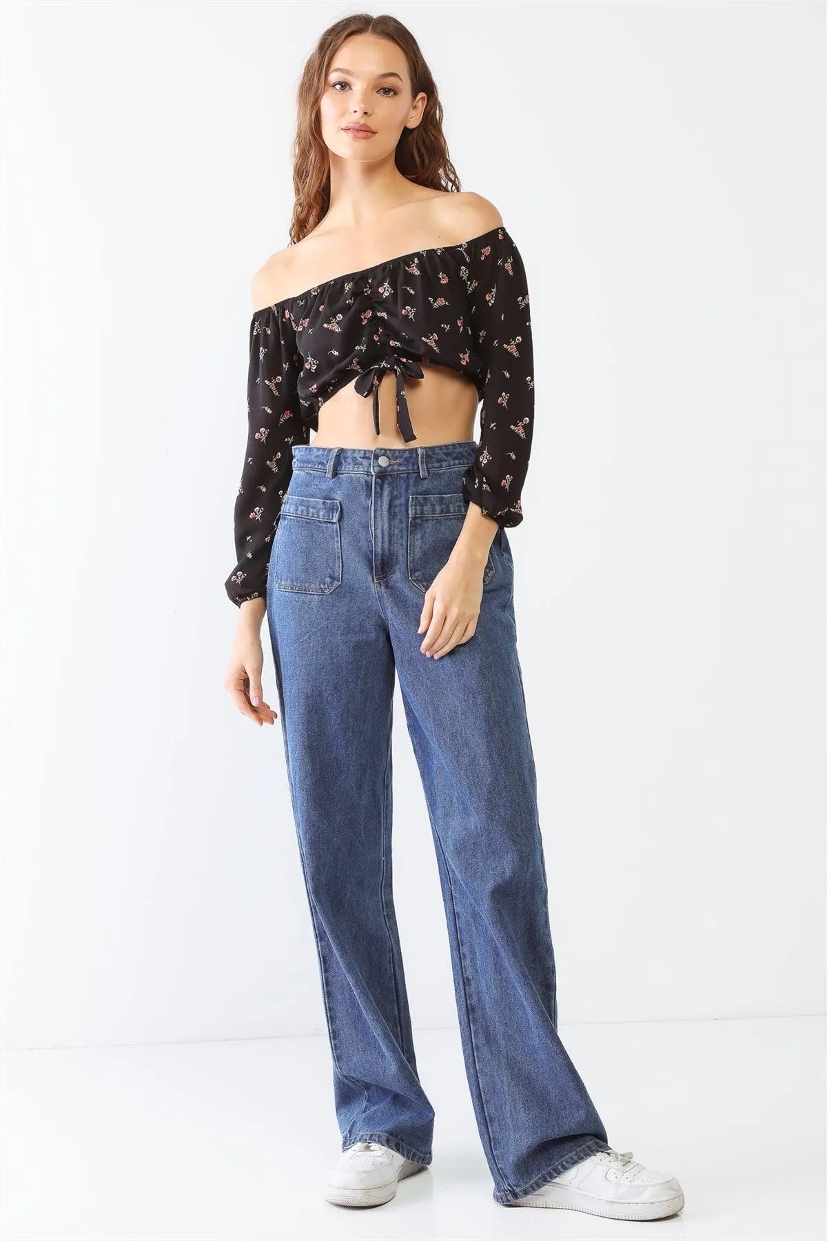 Floral Print Off-The-Shoulder Ruched Crop Top - Tasha Apparel Wholesale