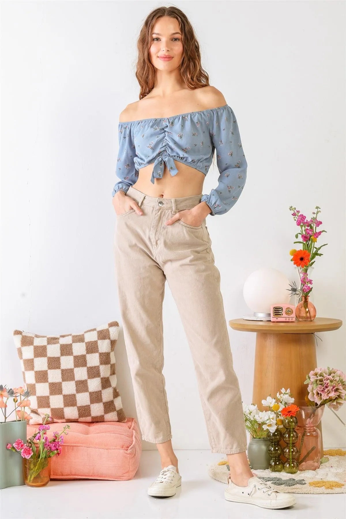 Blue Floral Print Off-The-Shoulder Long Sleeve Ruched Crop Top /1-1-1 - Tasha Apparel Wholesale