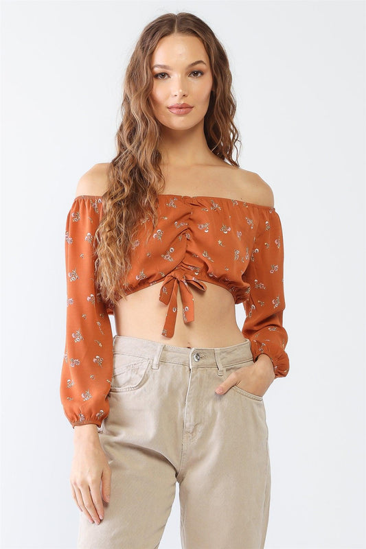 Rust Floral Print Off-The-Shoulder Long Sleeve Ruched Crop Top /1-1-1