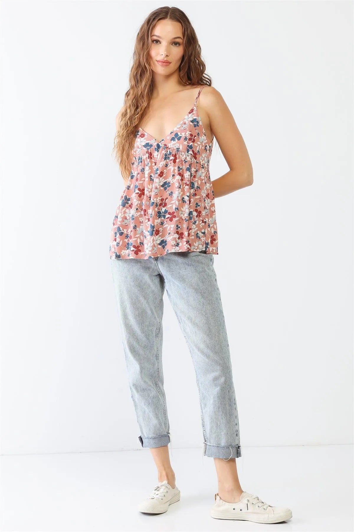 Mauve Floral Print V-Neck Sleeveless Strappy Flare Hem Top /1-1-1 - Tasha Apparel Wholesale